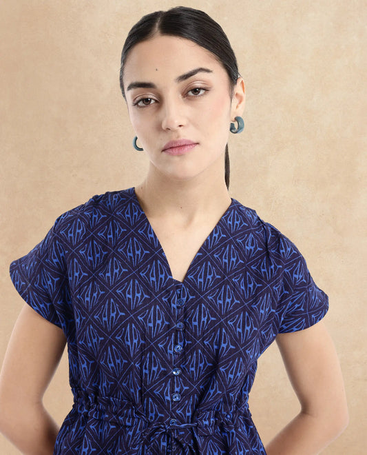 Rareism Women Bolgan Dark Blue Extended Sleeves V-Neck Button Monogram Print Cropped Top