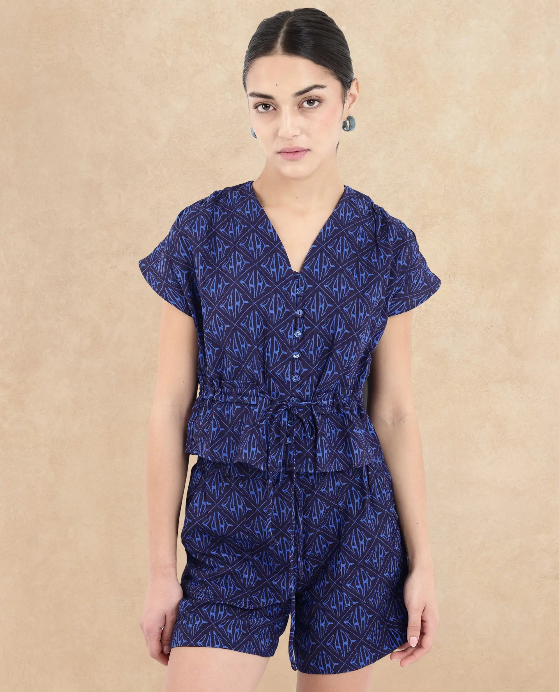 Rareism Women Bolgan Dark Blue Extended Sleeves V-Neck Button Monogram Print Cropped Top