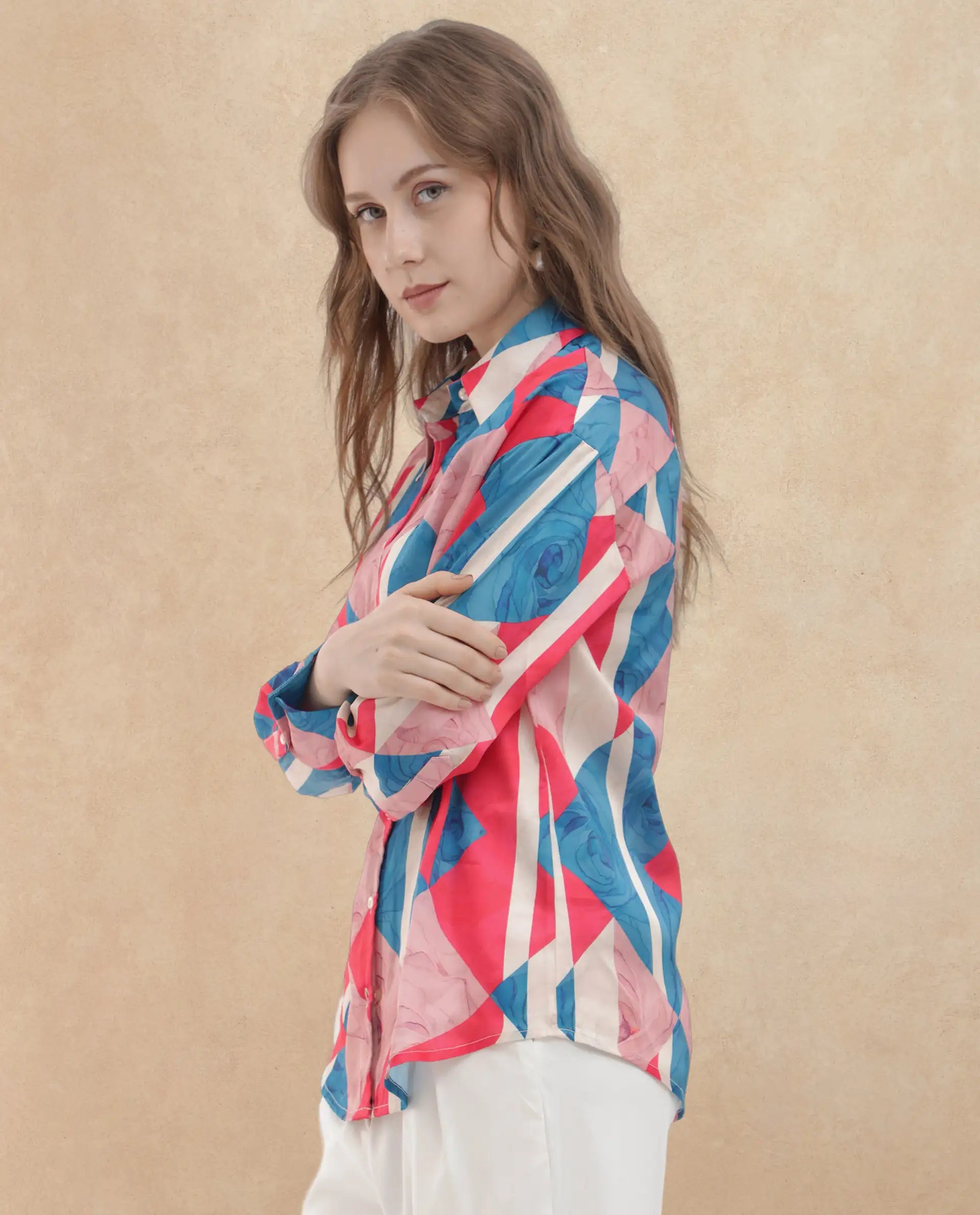 Rareism Women Bosin Multi Cotton Fabric Full Sleeves Button Closure Collared Neck Cuffed Sleeve Regular Fit Geometric Print Top