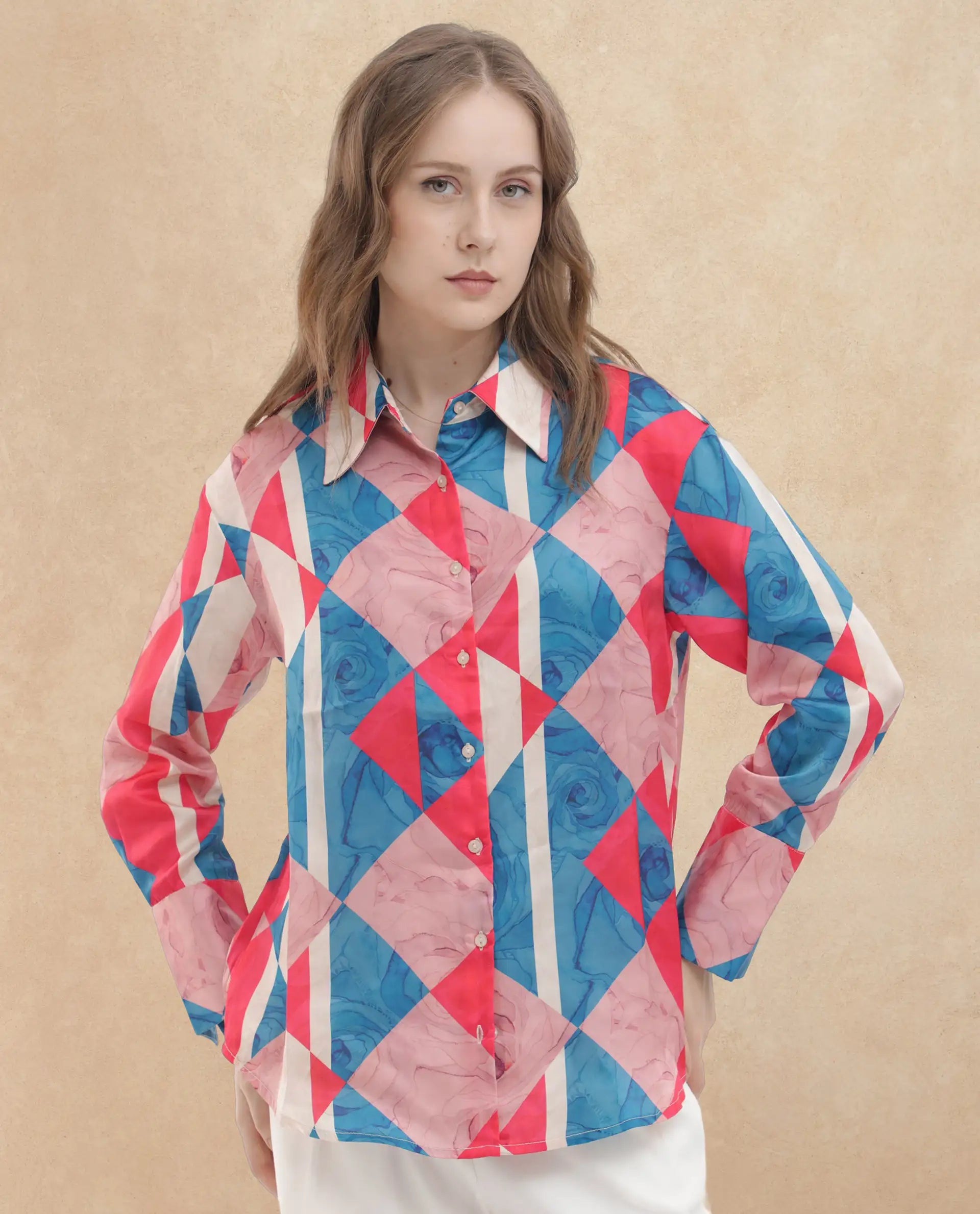 Rareism Women Bosin Multi Cotton Fabric Full Sleeves Button Closure Collared Neck Cuffed Sleeve Regular Fit Geometric Print Top