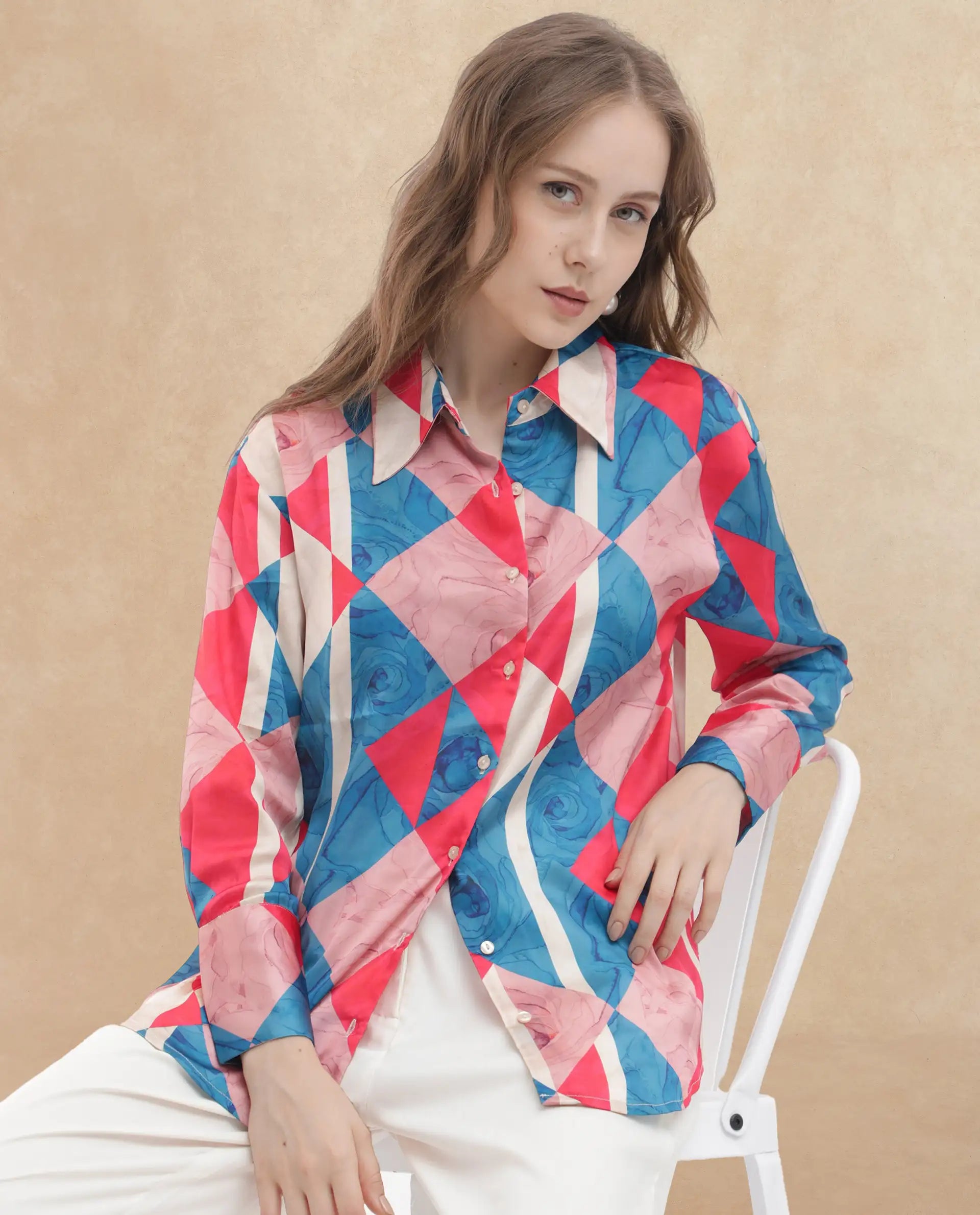 Rareism Women Bosin Multi Cotton Fabric Full Sleeves Button Closure Collared Neck Cuffed Sleeve Regular Fit Geometric Print Top