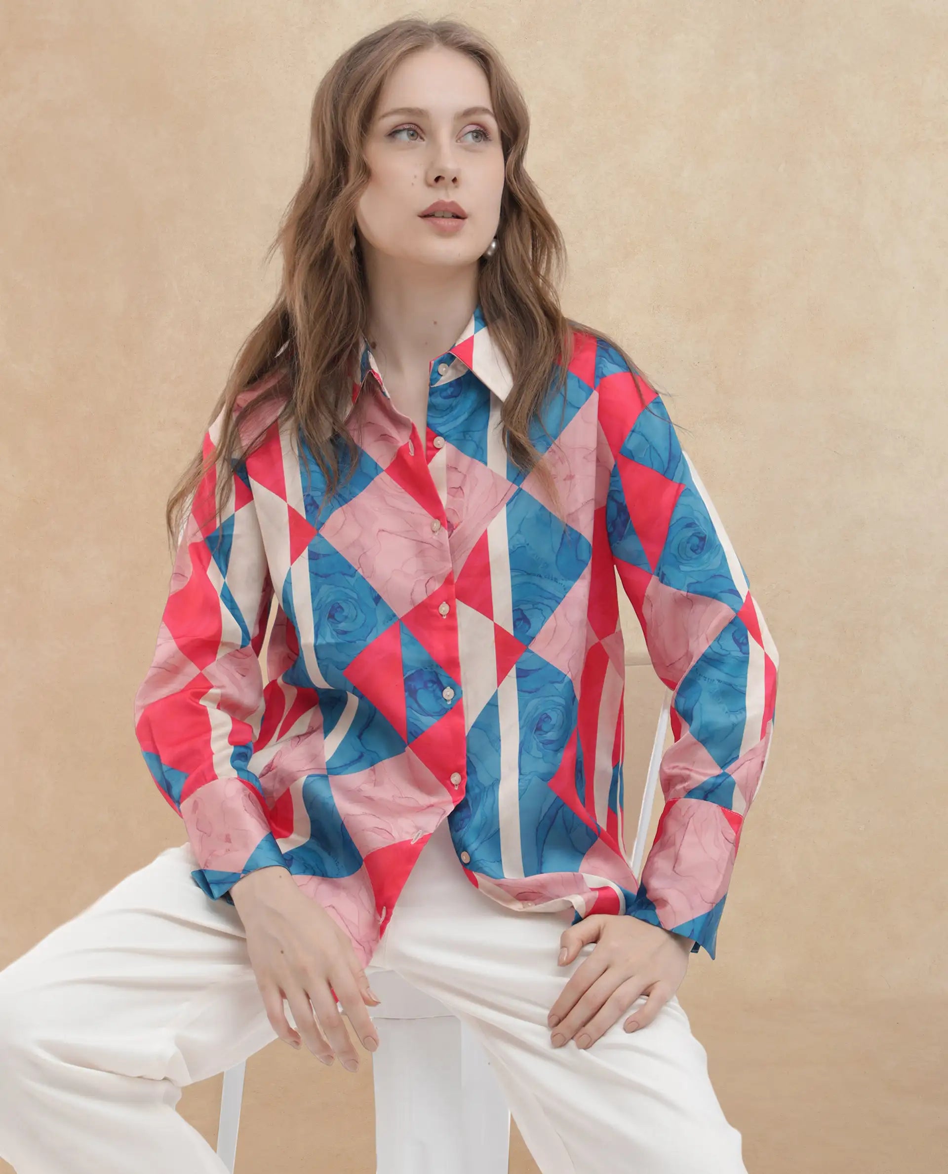 Rareism Women Bosin Multi Cotton Fabric Full Sleeves Button Closure Collared Neck Cuffed Sleeve Regular Fit Geometric Print Top