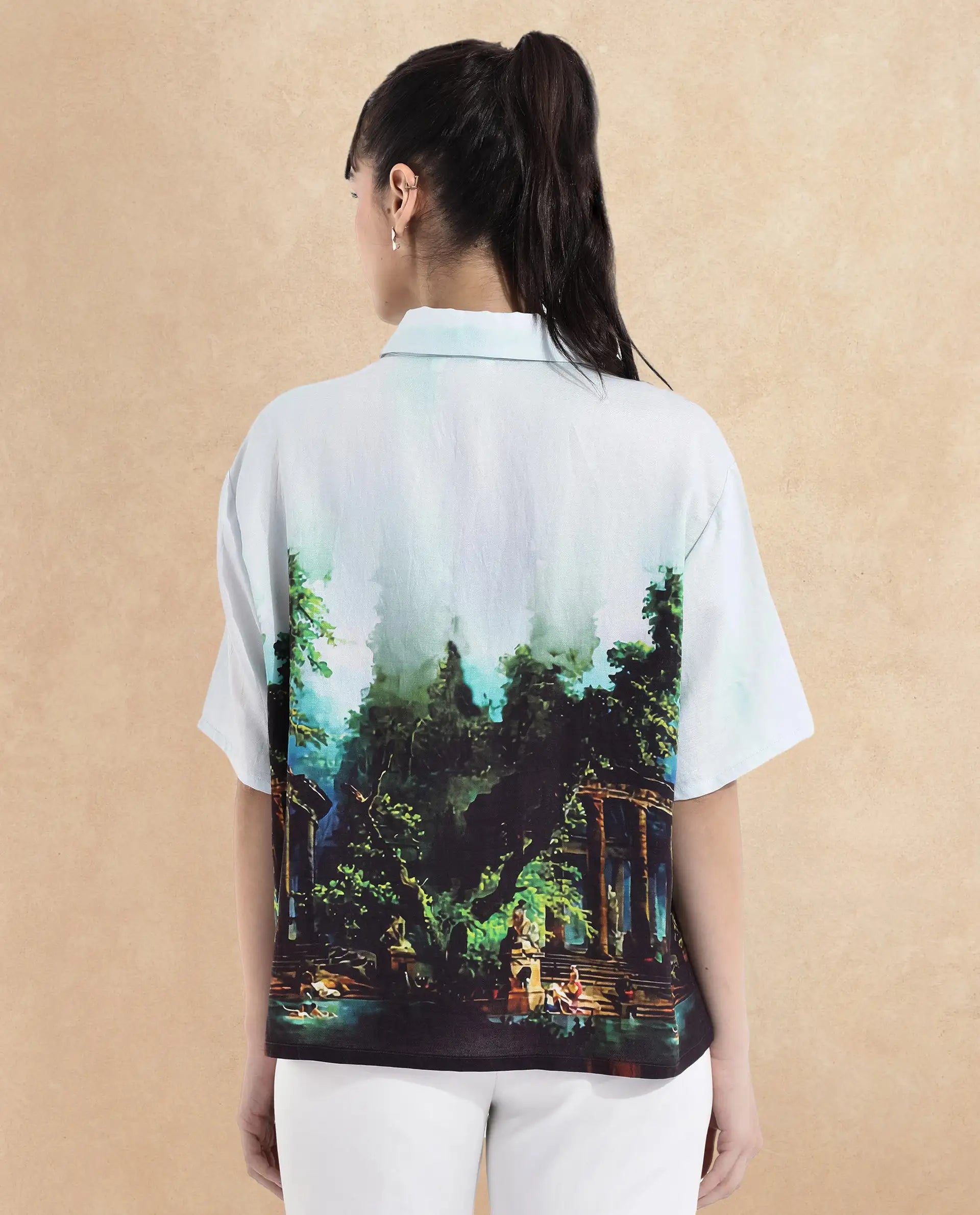 Rareism Women Boulevard Light Blue Short Sleeve Collared Neck Button Closure Boxy Fit Abstract Print Top