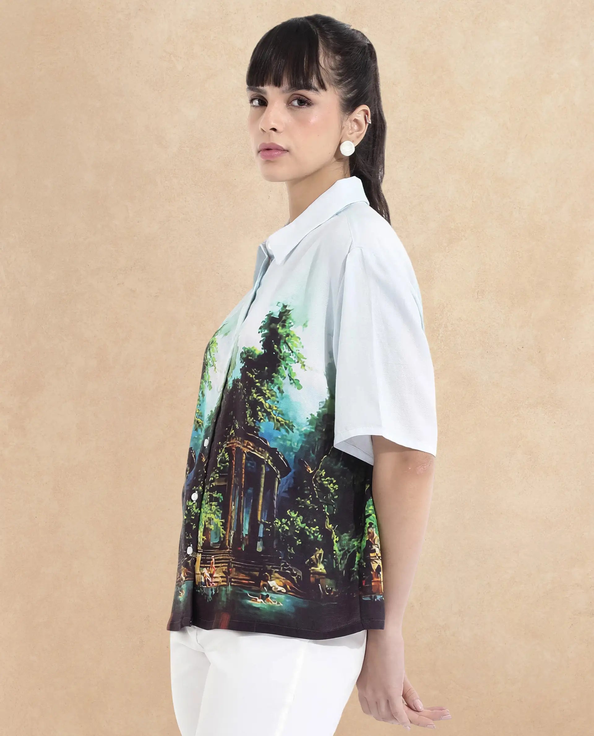 Rareism Women Boulevard Light Blue Short Sleeve Collared Neck Button Closure Boxy Fit Abstract Print Top