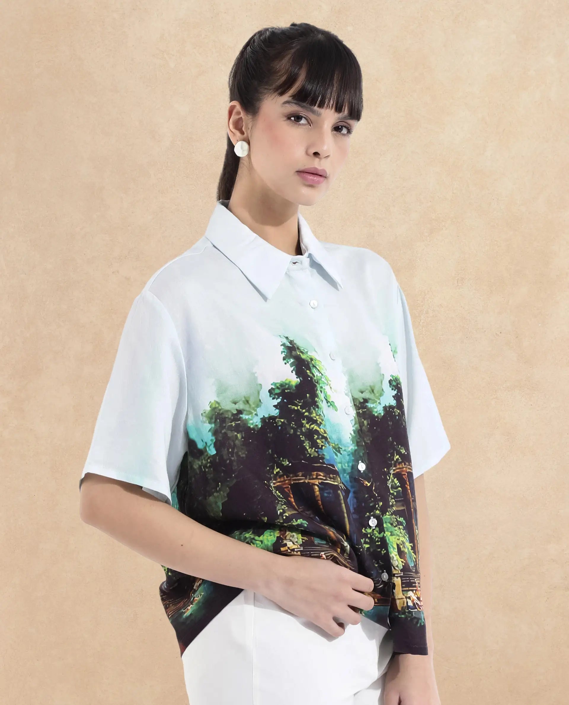 Rareism Women Boulevard Light Blue Short Sleeve Collared Neck Button Closure Boxy Fit Abstract Print Top