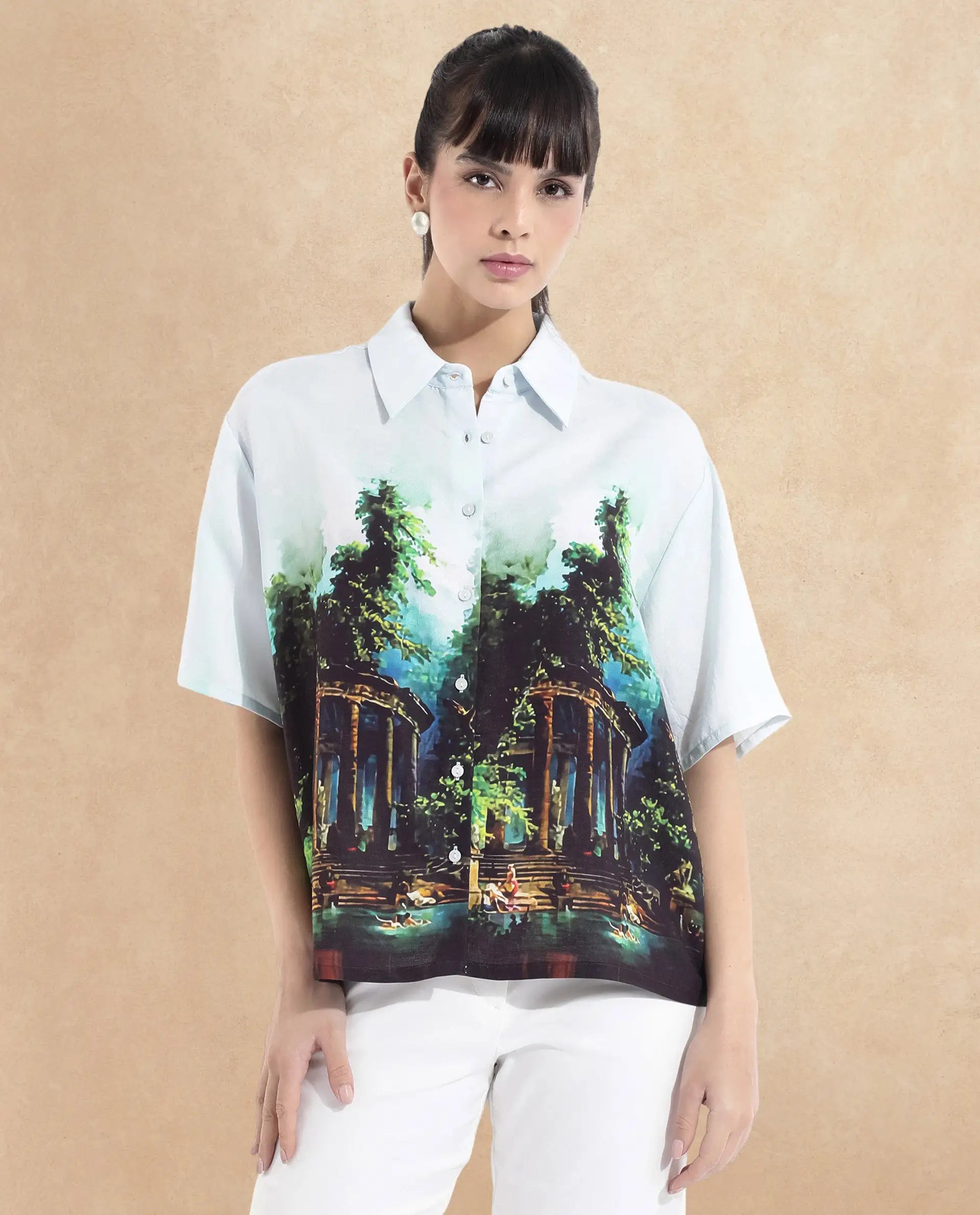 Rareism Women Boulevard Light Blue Short Sleeve Collared Neck Button Closure Boxy Fit Abstract Print Top