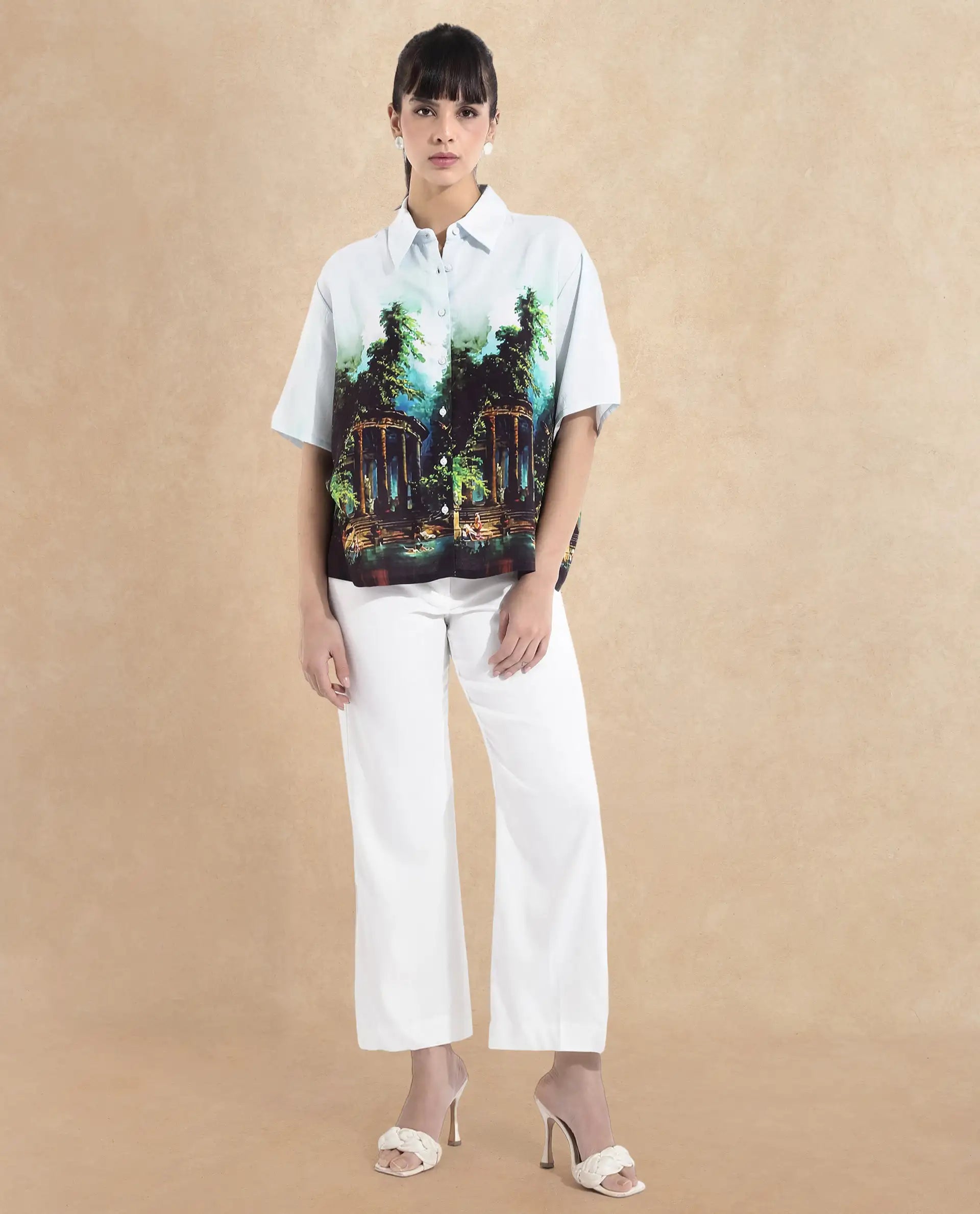 Rareism Women Boulevard Light Blue Short Sleeve Collared Neck Button Closure Boxy Fit Abstract Print Top
