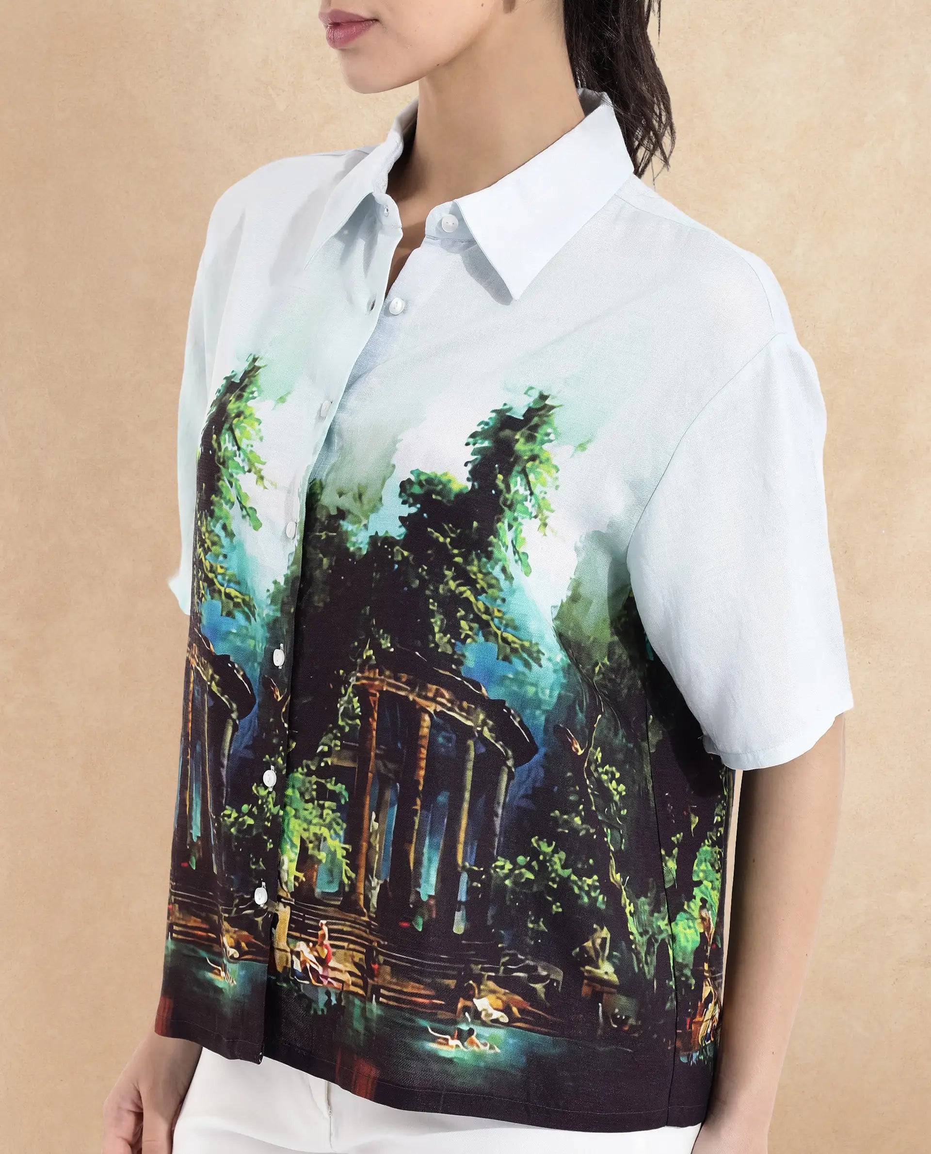 Rareism Women Boulevard Light Blue Short Sleeve Collared Neck Button Closure Boxy Fit Abstract Print Top