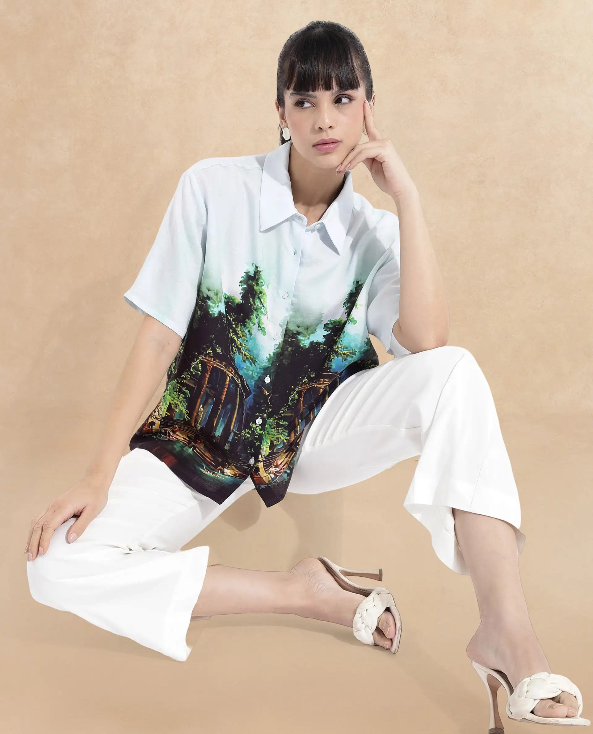 Rareism Women Boulevard Light Blue Short Sleeve Collared Neck Button Closure Boxy Fit Abstract Print Top