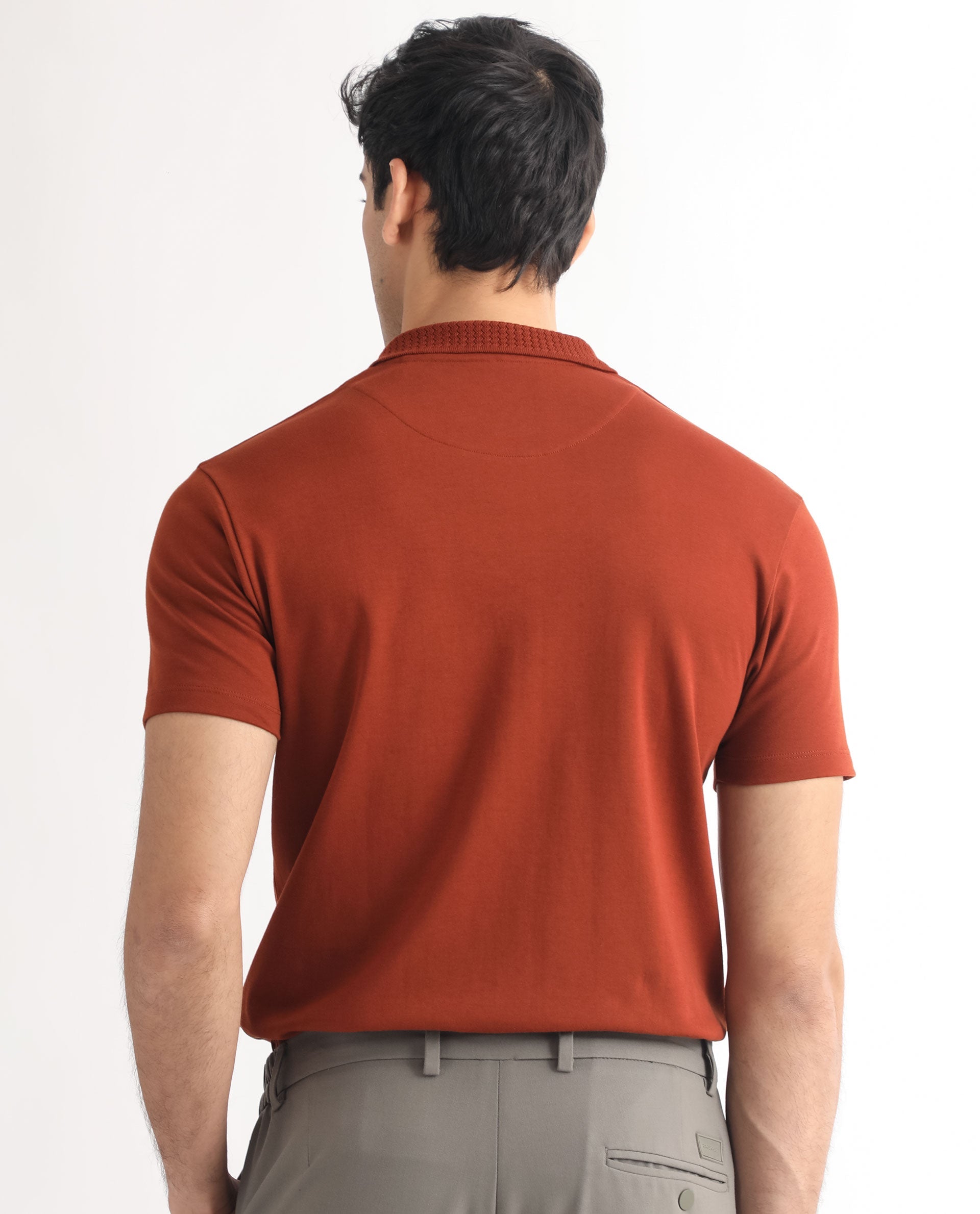 Rare Rabbit Men's Braidey Rust Cotton Fabric Textured Collared Neck Half Sleeves Polo T-Shirt