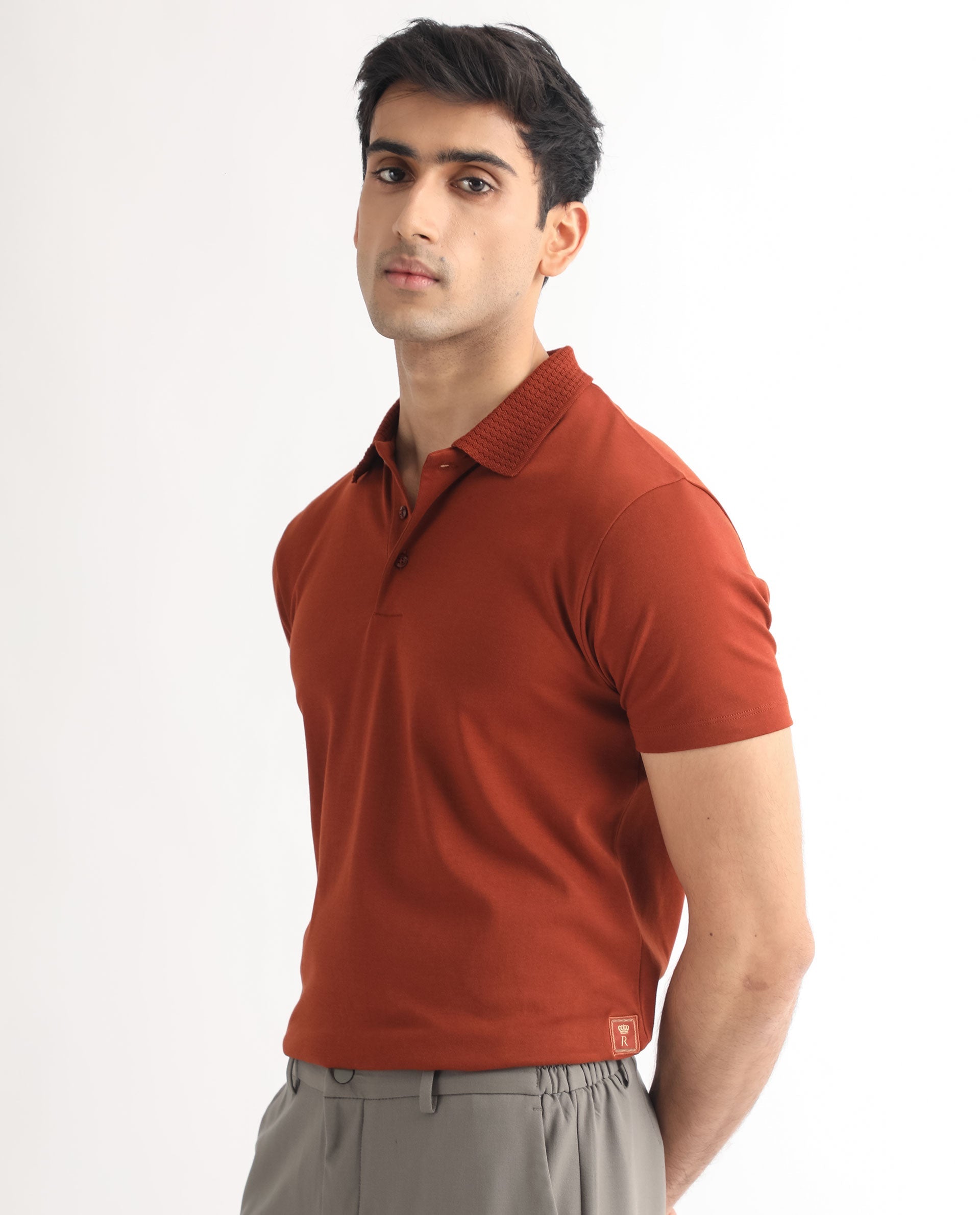 Rare Rabbit Men's Braidey Rust Cotton Fabric Textured Collared Neck Half Sleeves Polo T-Shirt