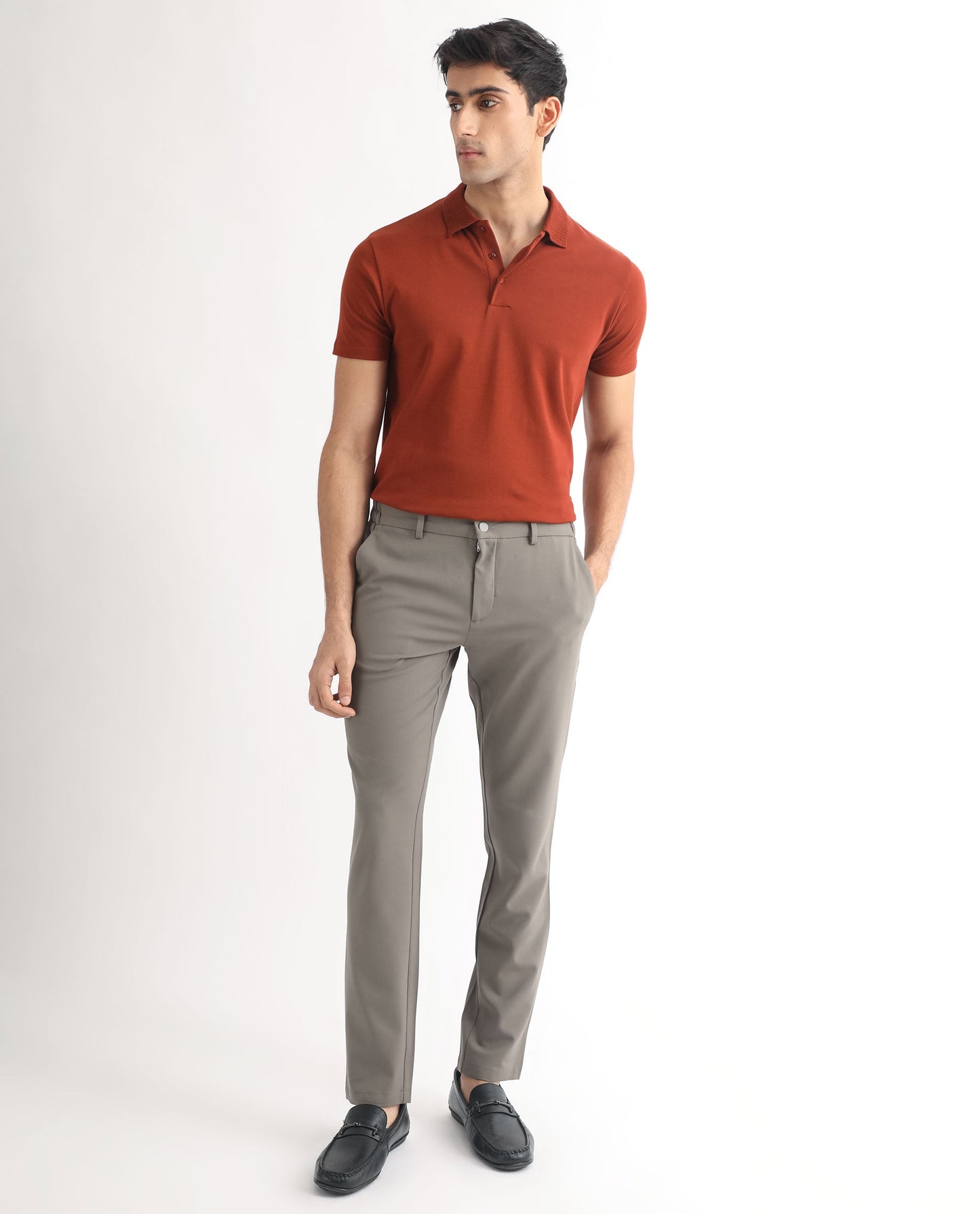 Rare Rabbit Men's Braidey Rust Cotton Fabric Textured Collared Neck Half Sleeves Polo T-Shirt