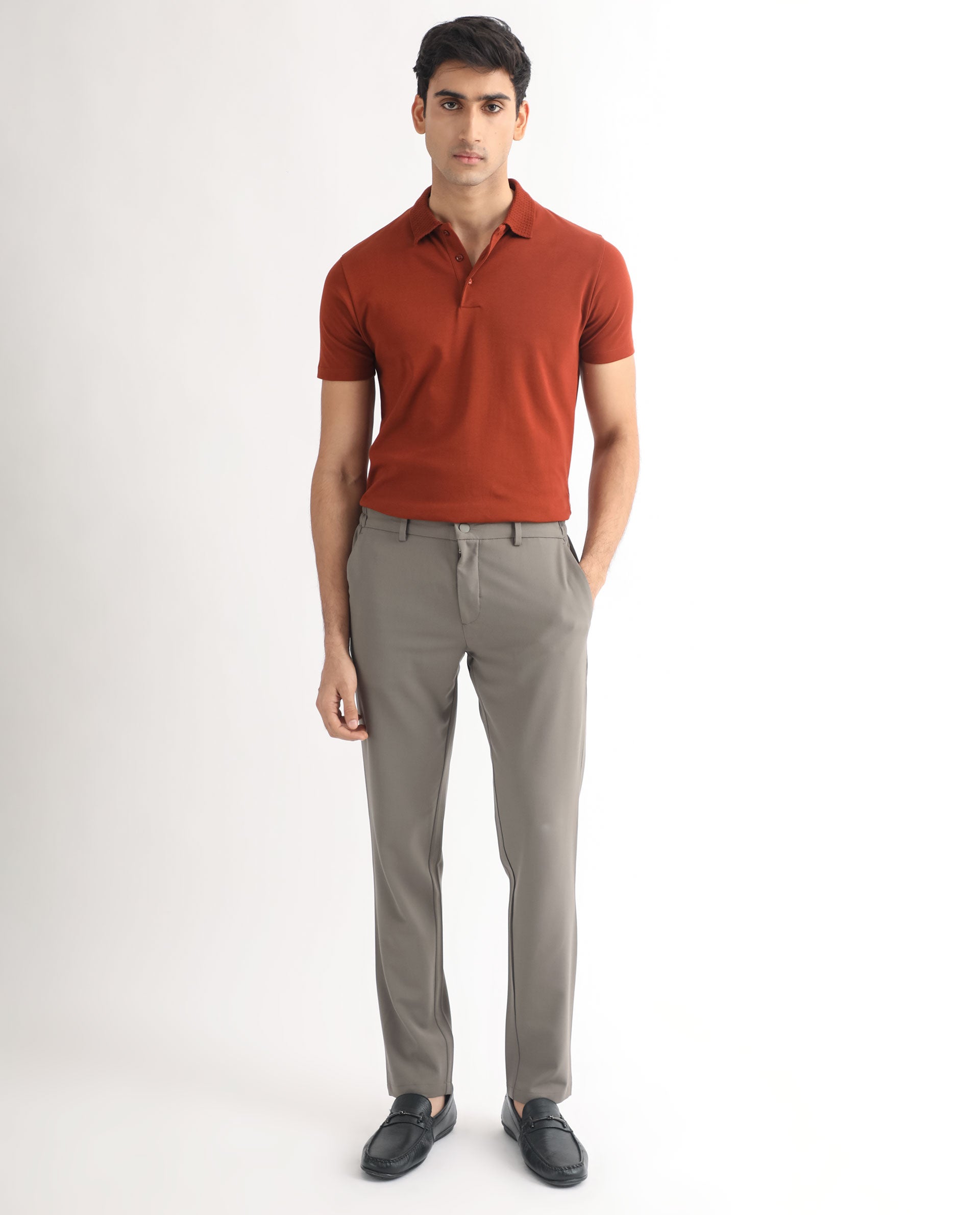 Rare Rabbit Men's Braidey Rust Cotton Fabric Textured Collared Neck Half Sleeves Polo T-Shirt