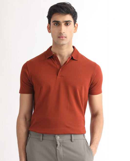 Rare Rabbit Men's Braidey Rust Cotton Fabric Textured Collared Neck Half Sleeves Polo T-Shirt