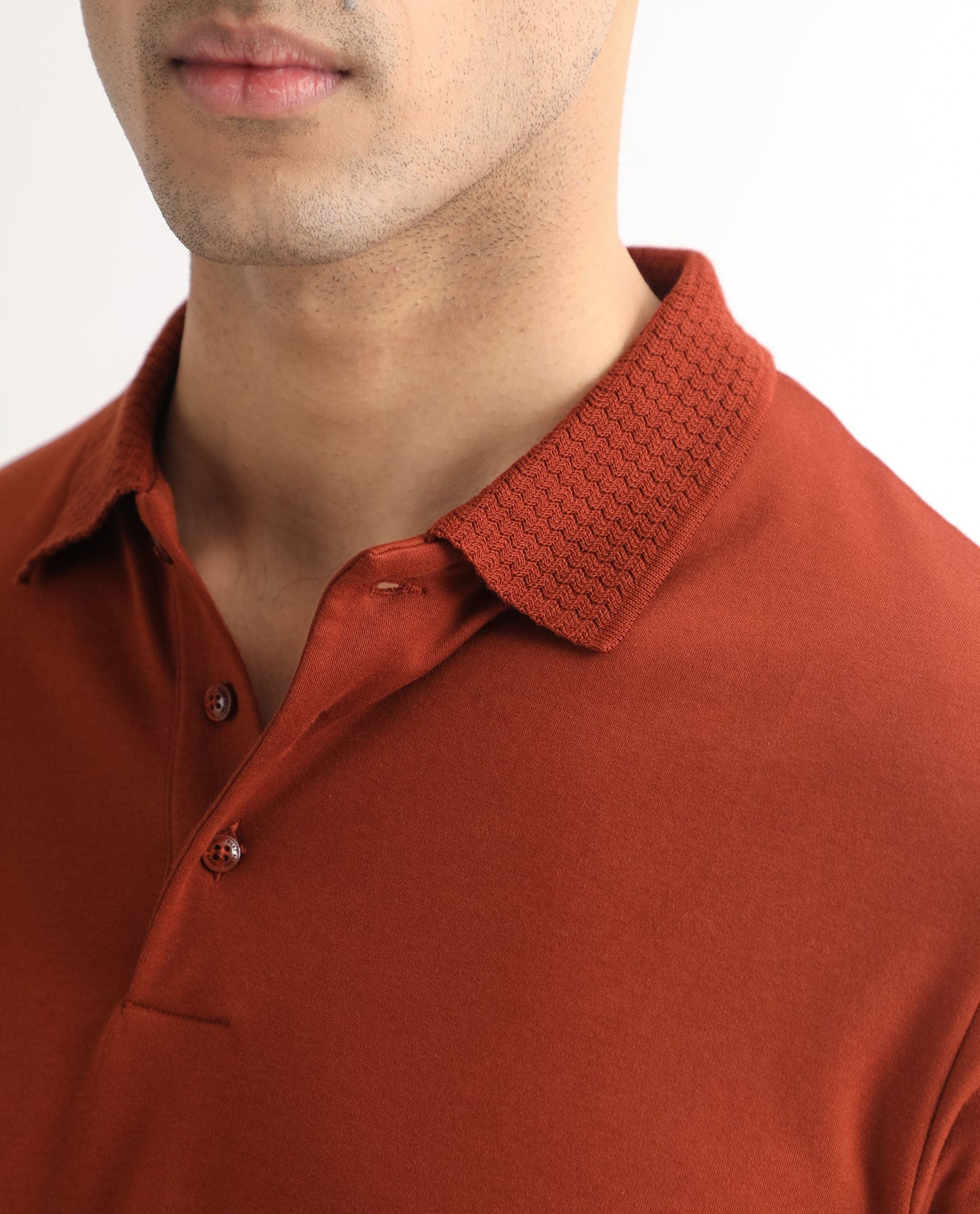 Rare Rabbit Men's Braidey Rust Cotton Fabric Textured Collared Neck Half Sleeves Polo T-Shirt