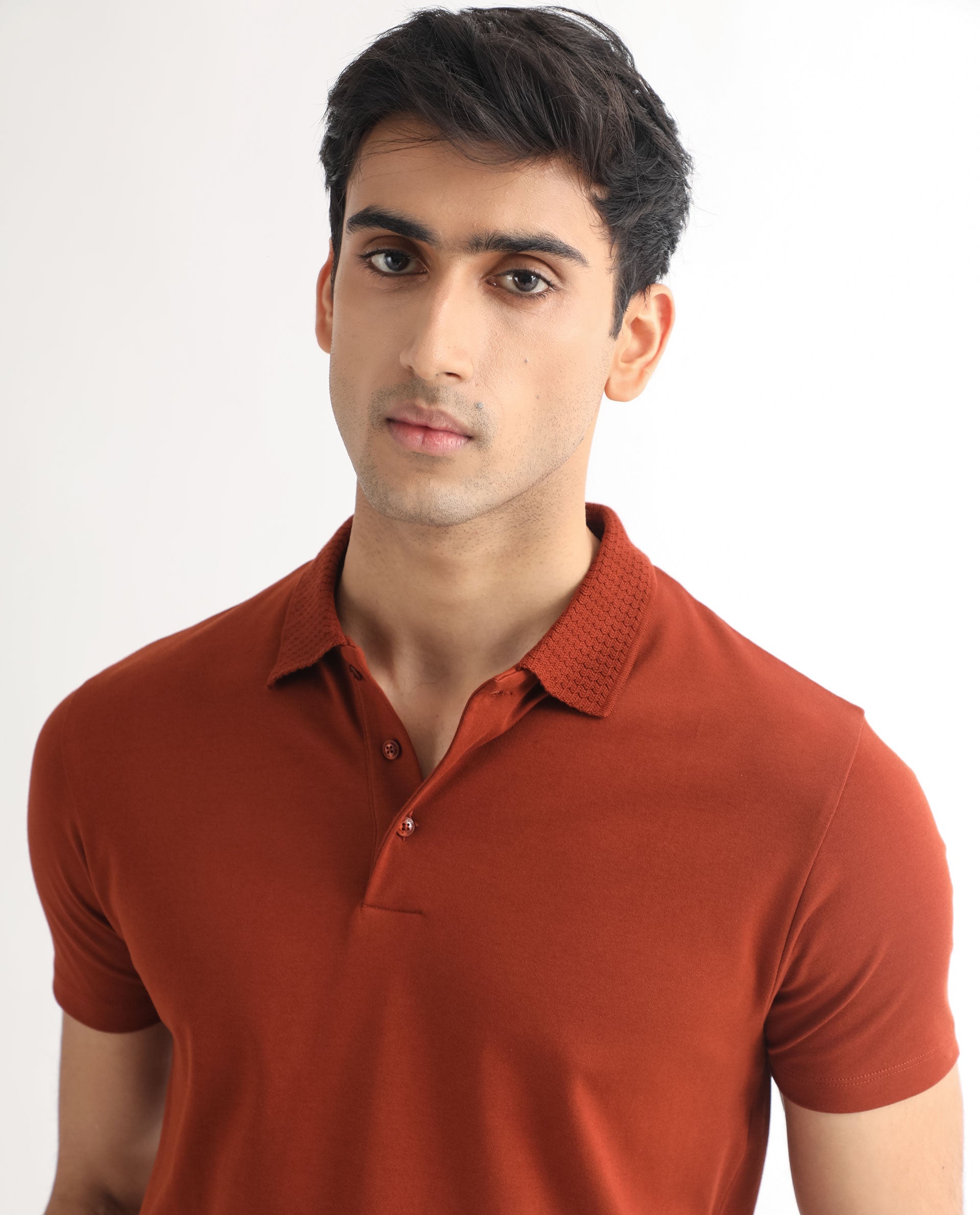 Rare Rabbit Men's Braidey Rust Cotton Fabric Textured Collared Neck Half Sleeves Polo T-Shirt