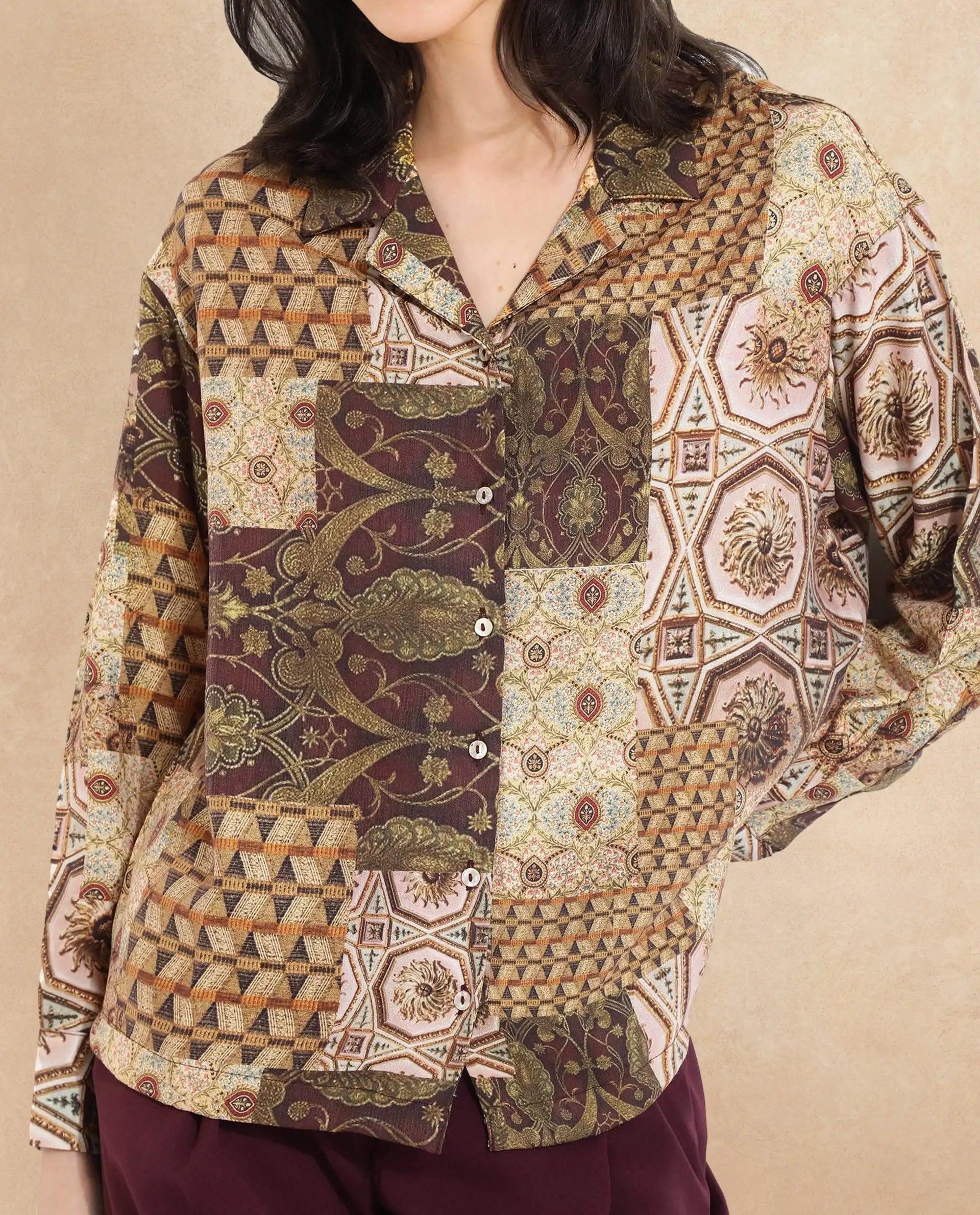Rareism Women Broadway Brown Full Sleeve Lapel Neck Button Closure Relaxed Fit Abstract Print Top