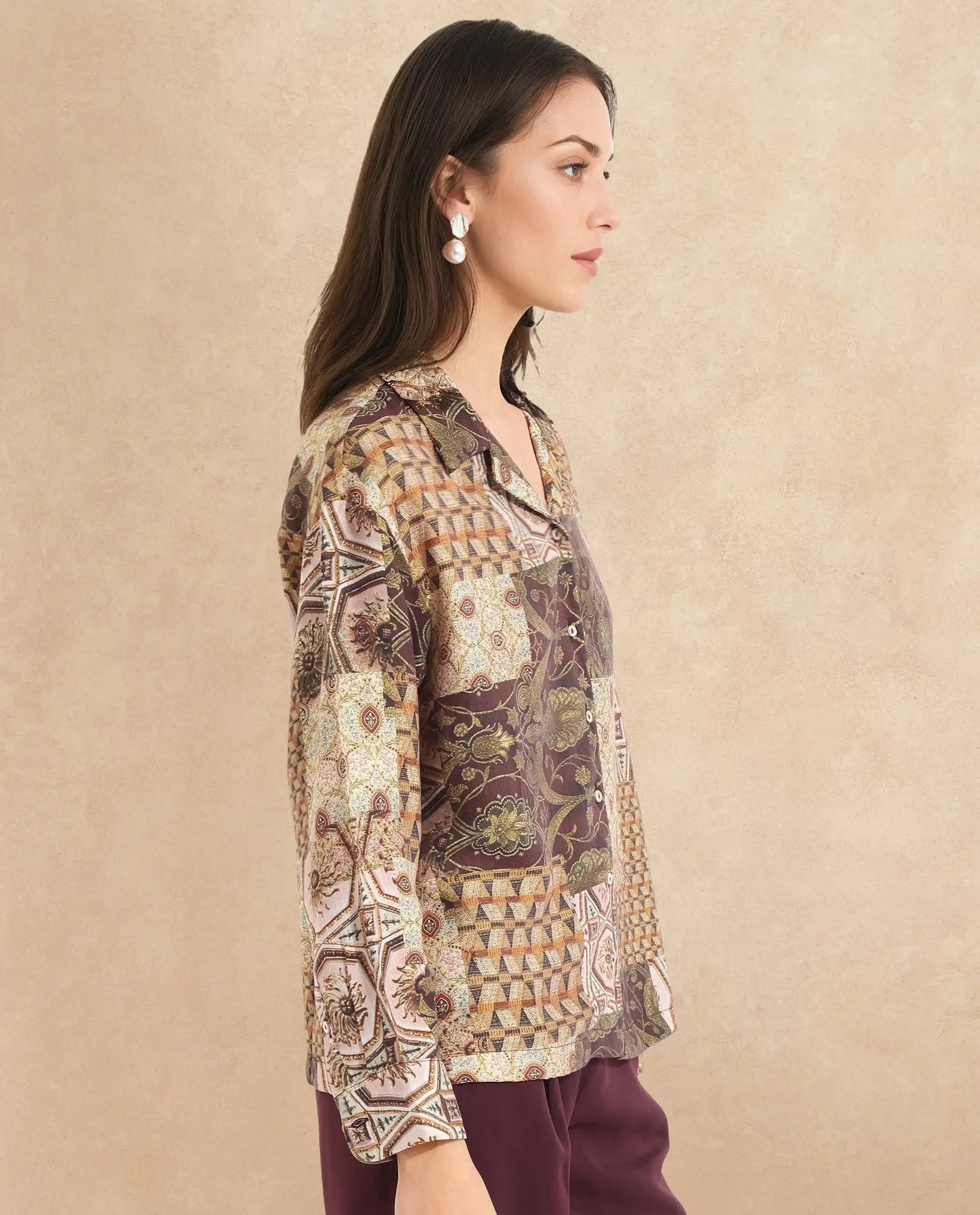 Rareism Women Broadway Brown Full Sleeve Lapel Neck Button Closure Relaxed Fit Abstract Print Top