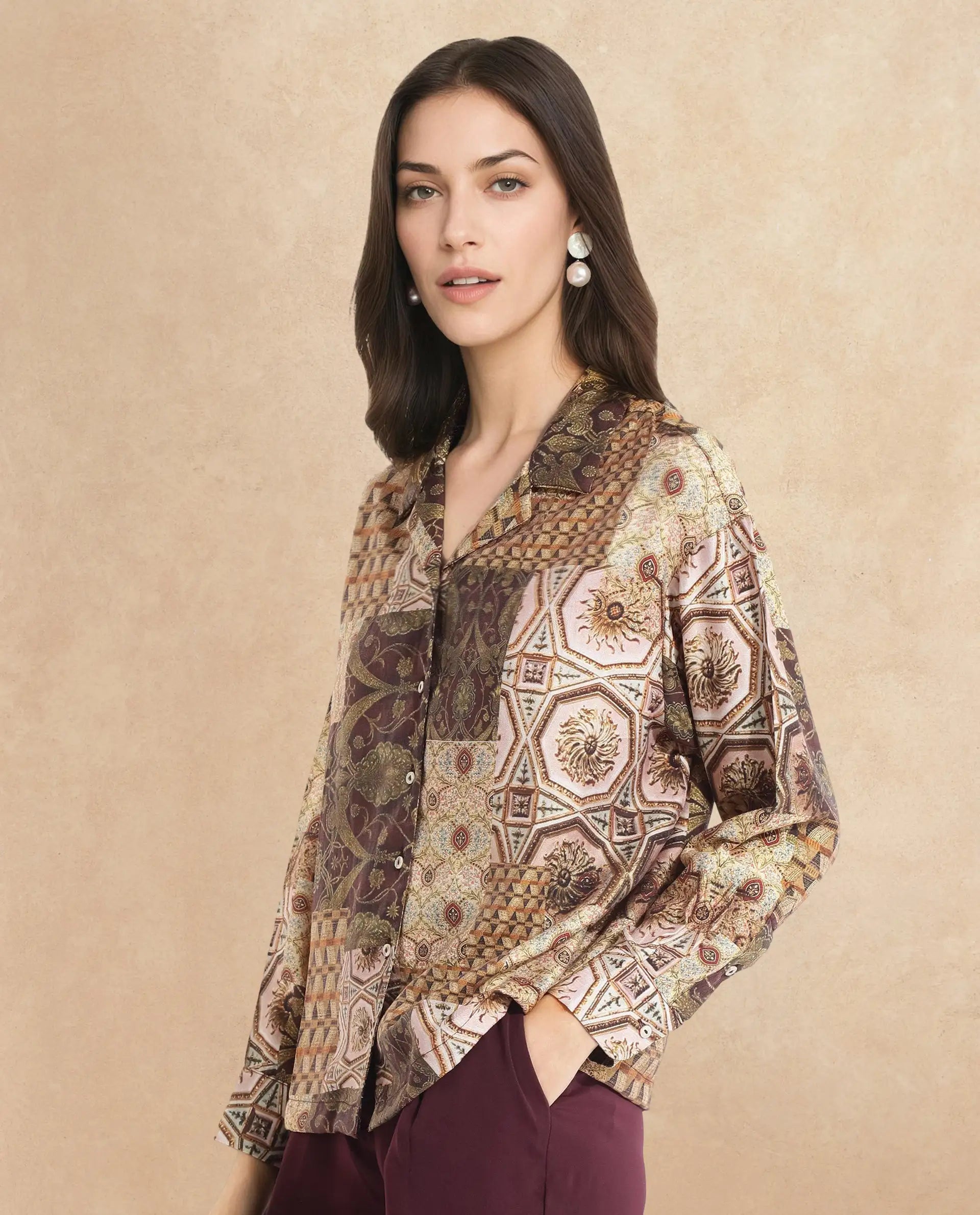 Rareism Women Broadway Brown Full Sleeve Lapel Neck Button Closure Relaxed Fit Abstract Print Top