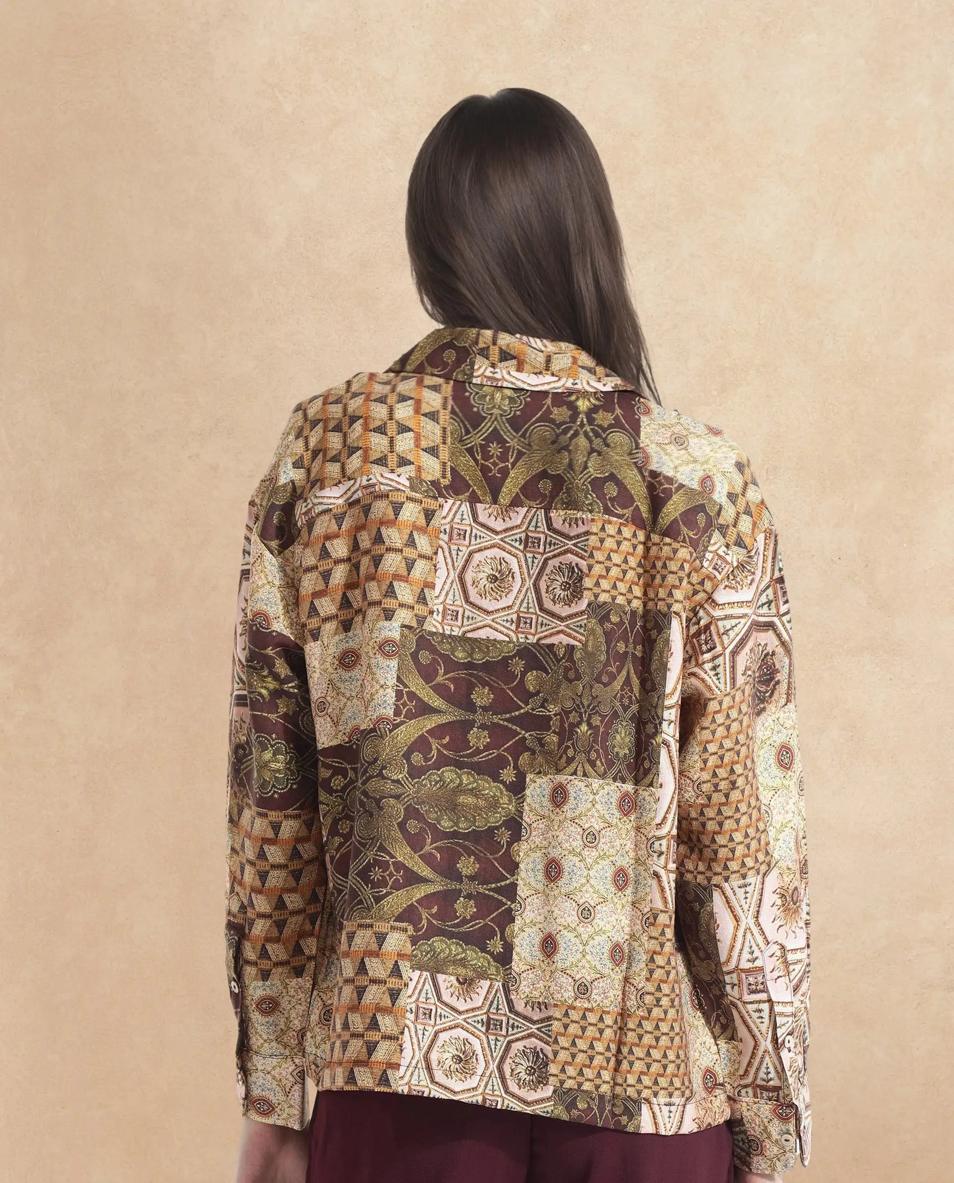 Rareism Women Broadway Brown Full Sleeve Lapel Neck Button Closure Relaxed Fit Abstract Print Top