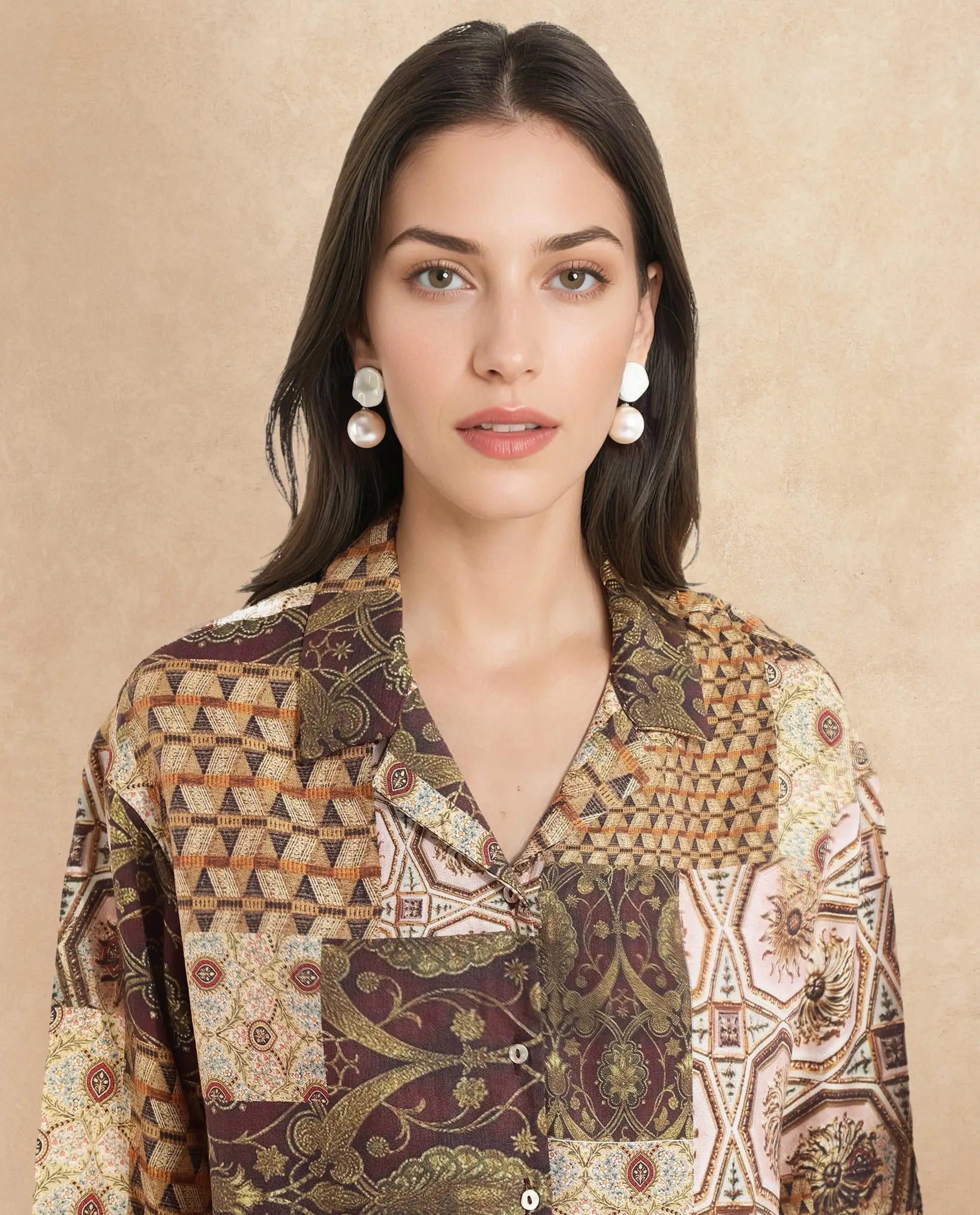 Rareism Women Broadway Brown Full Sleeve Lapel Neck Button Closure Relaxed Fit Abstract Print Top