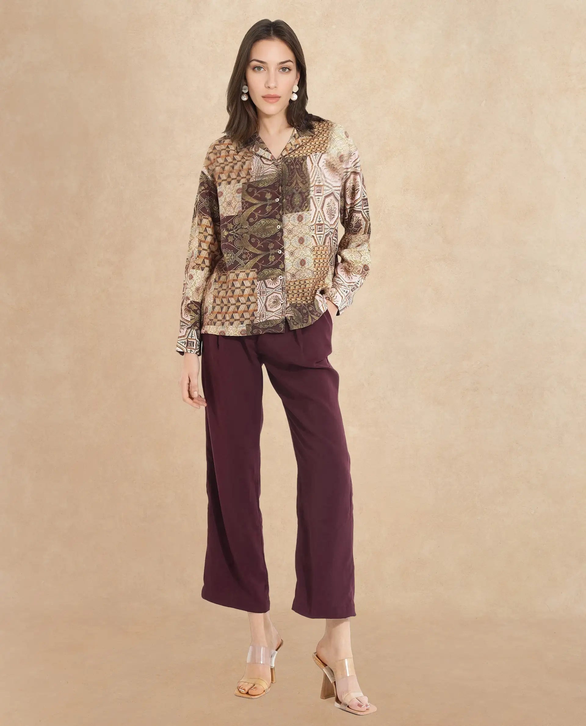 Rareism Women Broadway Brown Full Sleeve Lapel Neck Button Closure Relaxed Fit Abstract Print Top