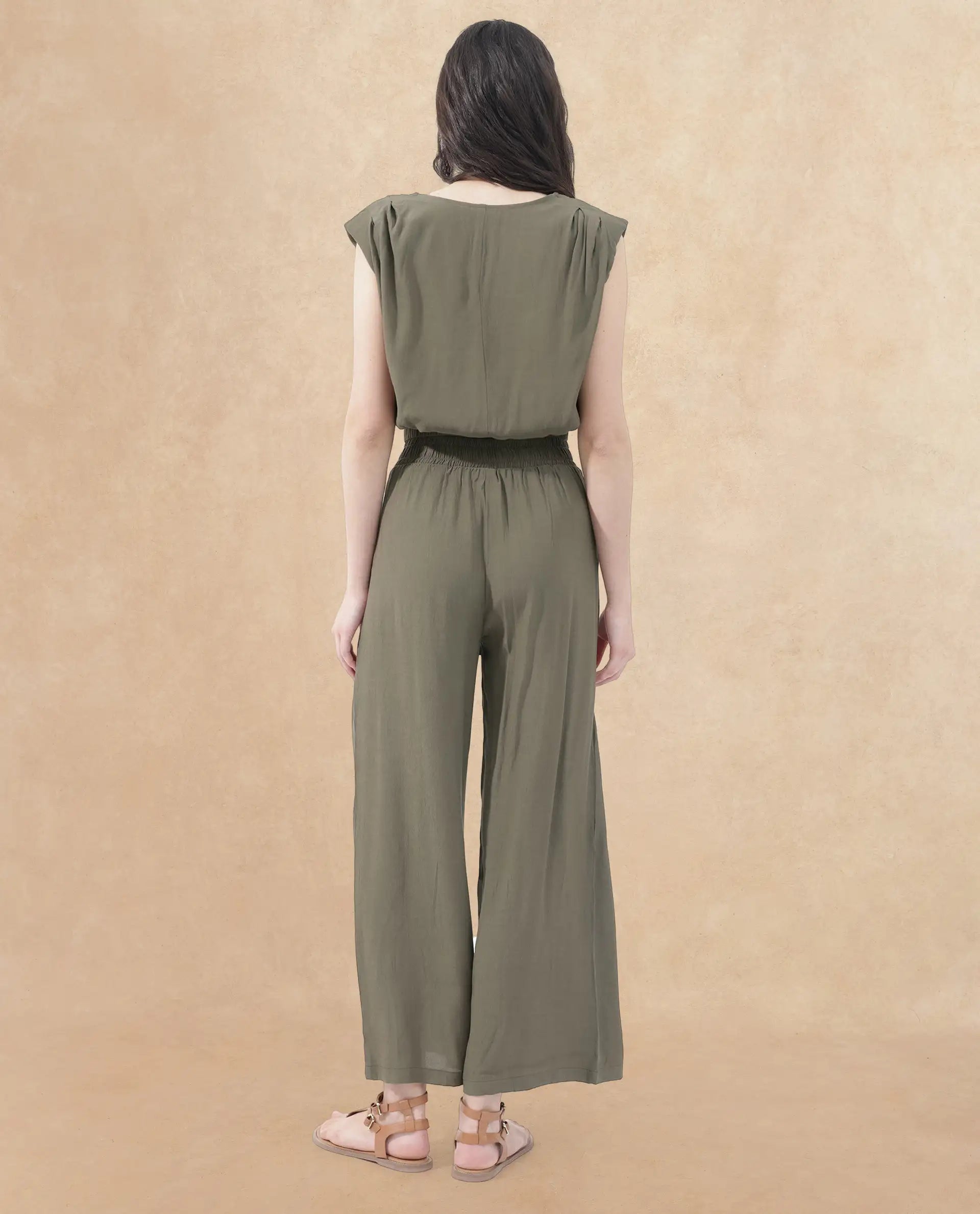 Rareism Women Brodie-T Olive Rayon Fabric Sleeveless V-Neck Solid Short Top