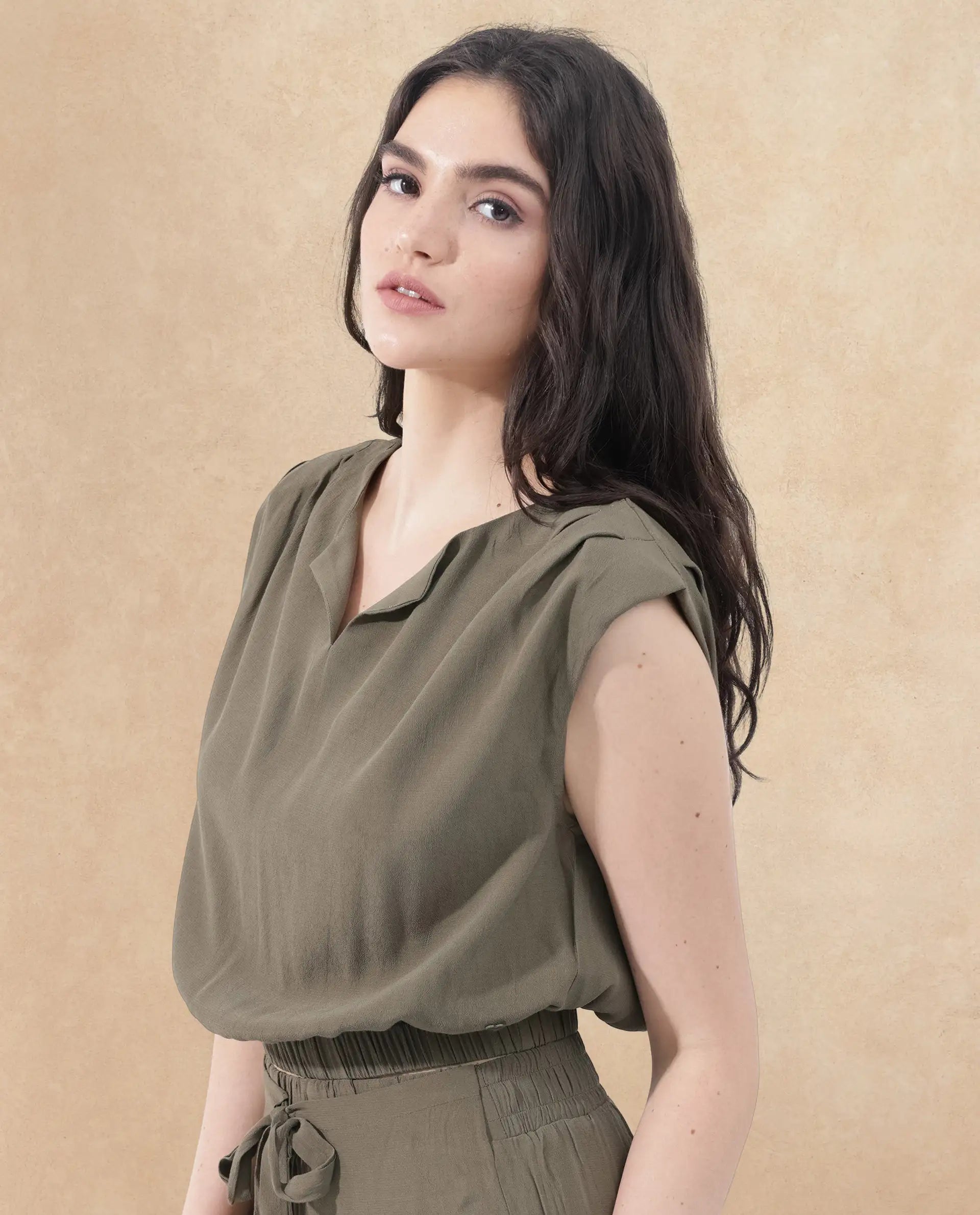 Rareism Women Brodie-T Olive Rayon Fabric Sleeveless V-Neck Solid Short Top