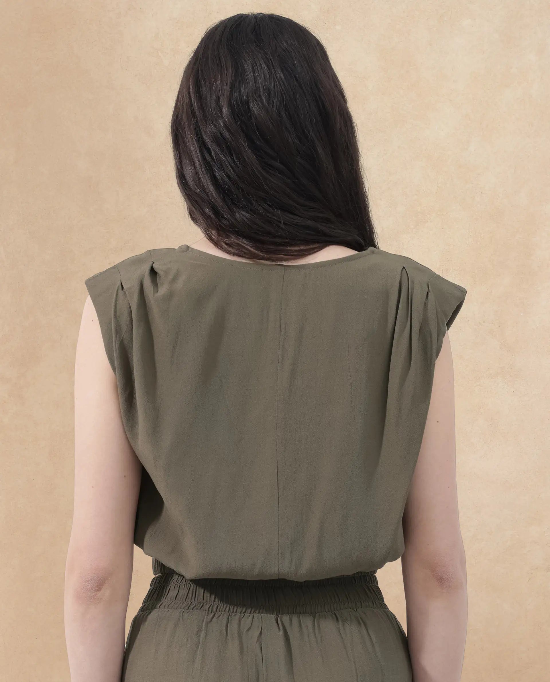 Rareism Women Brodie-T Olive Rayon Fabric Sleeveless V-Neck Solid Short Top