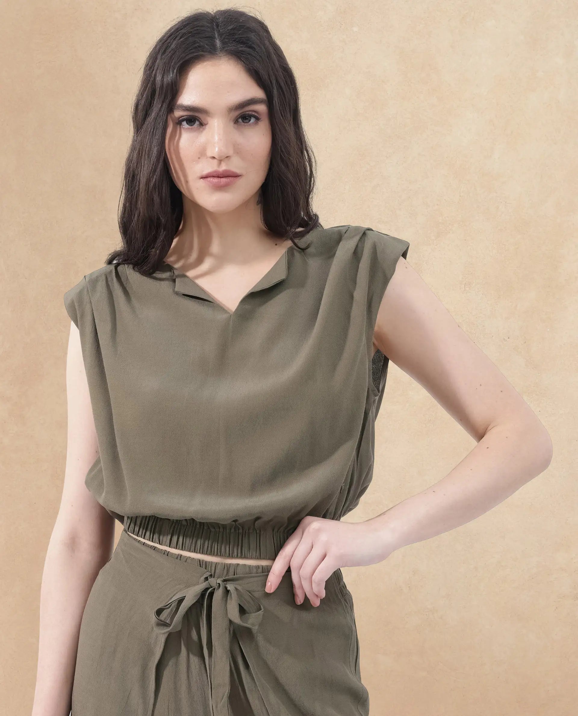 Rareism Women Brodie-T Olive Rayon Fabric Sleeveless V-Neck Solid Short Top