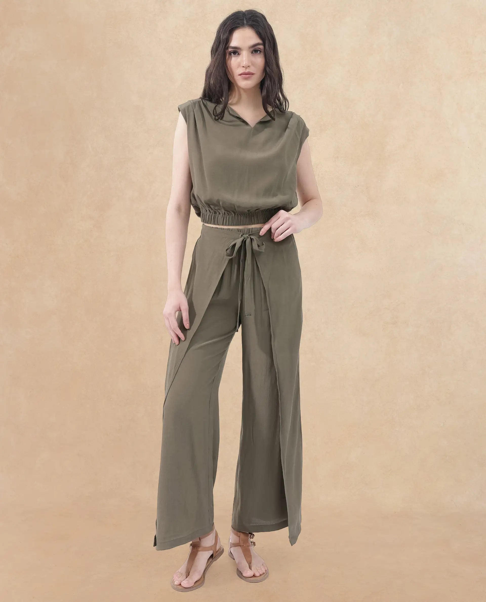 Rareism Women Brodie-T Olive Rayon Fabric Sleeveless V-Neck Solid Short Top