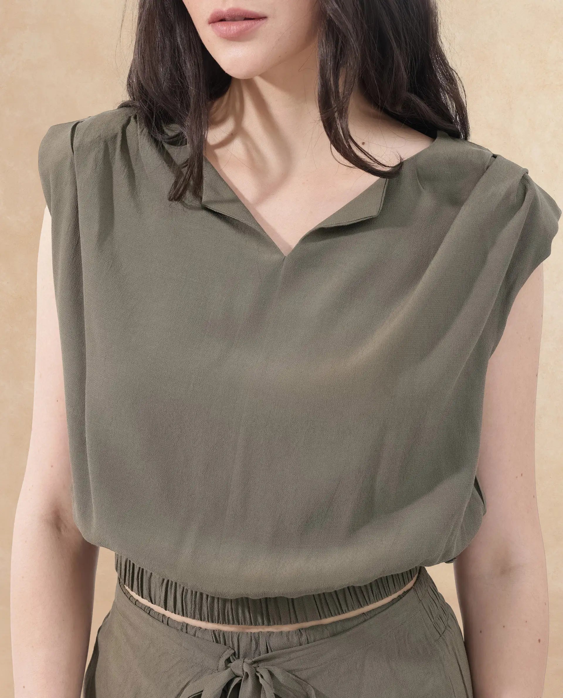 Rareism Women Brodie-T Olive Rayon Fabric Sleeveless V-Neck Solid Short Top