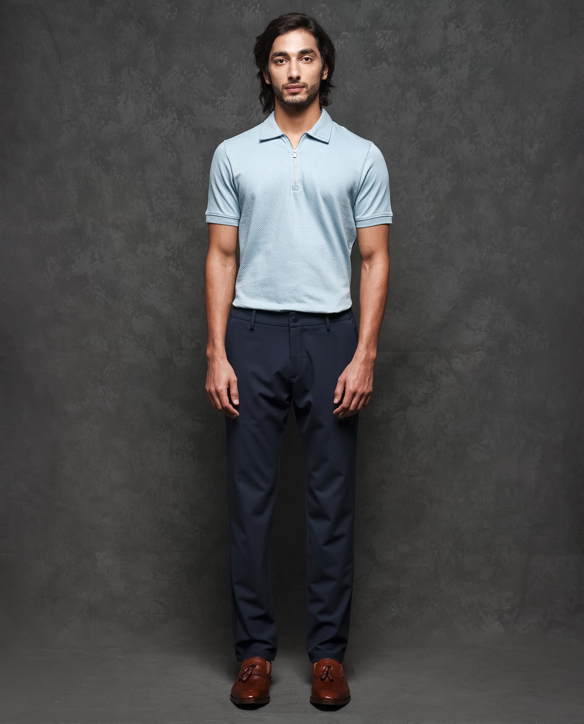 Rare Rabbit Men's Cabe Light Blue Cotton Fabric Zipper Closure Half Sleeve Tonal Jacquard Polo T-Shirt