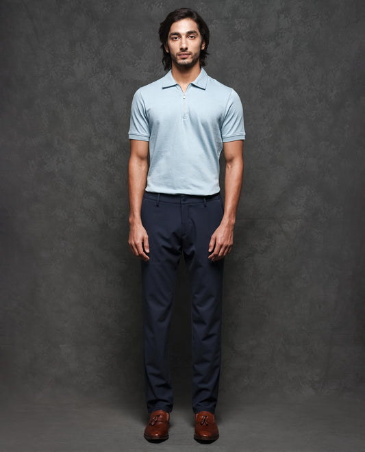 Rare Rabbit Men's Cabe Light Blue Cotton Fabric Zipper Closure Half Sleeve Tonal Jacquard Polo T-Shirt