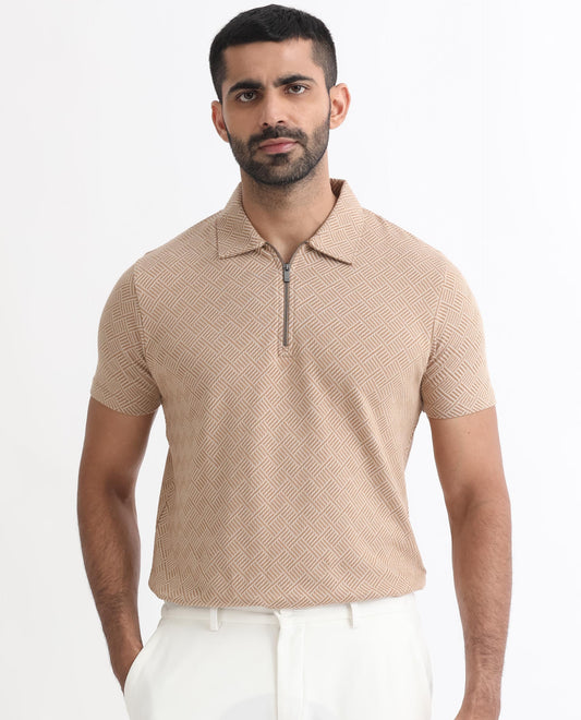 Rare Rabbit Men's Cabet Beige Cotton Fabric Collared Neck Zipper Closure Half Sleeves Jacquard Polo T-Shirt