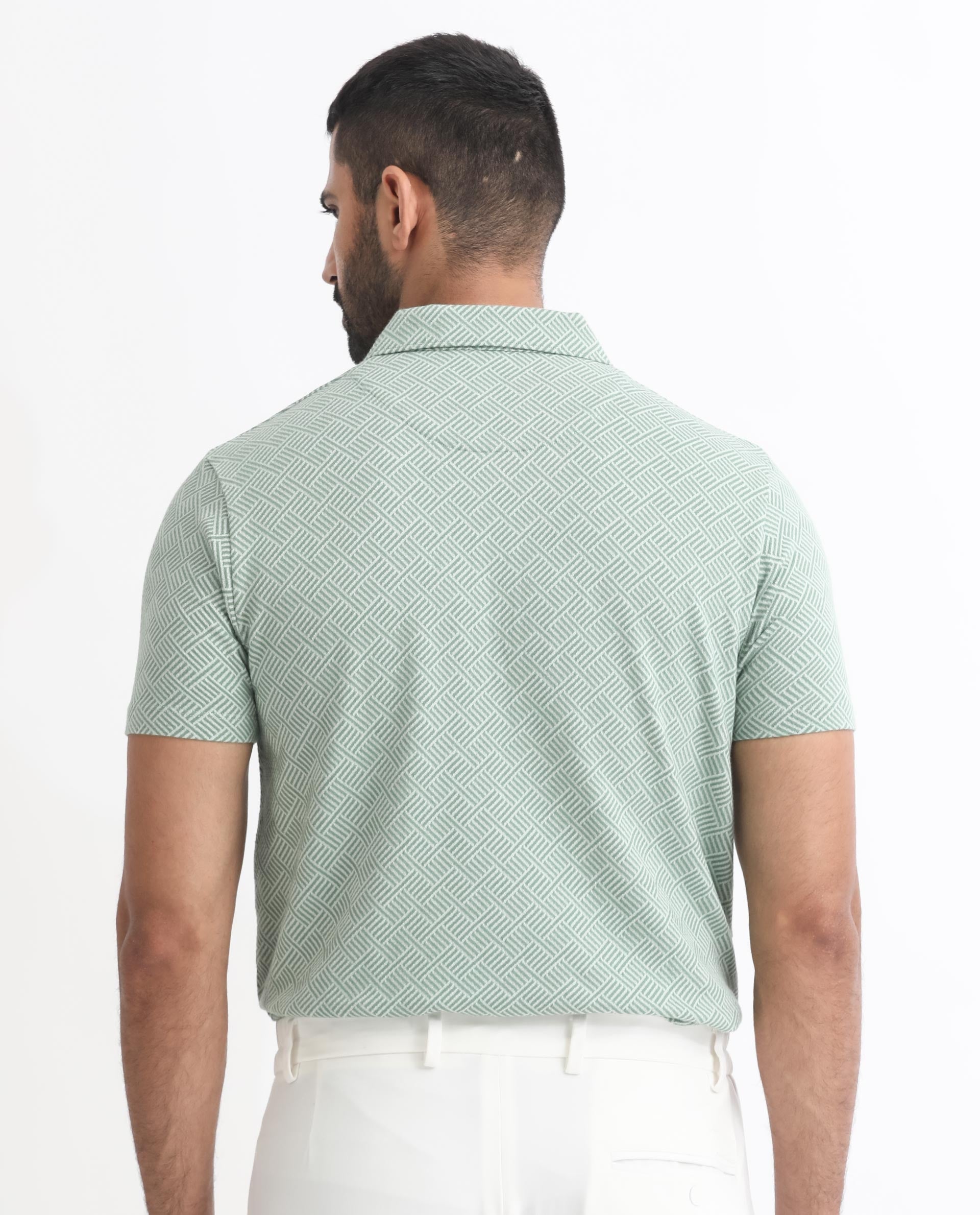 Rare Rabbit Men's Cabet Green Cotton Fabric Collared Neck Zipper Closure Half Sleeves Jacquard Polo T-Shirt