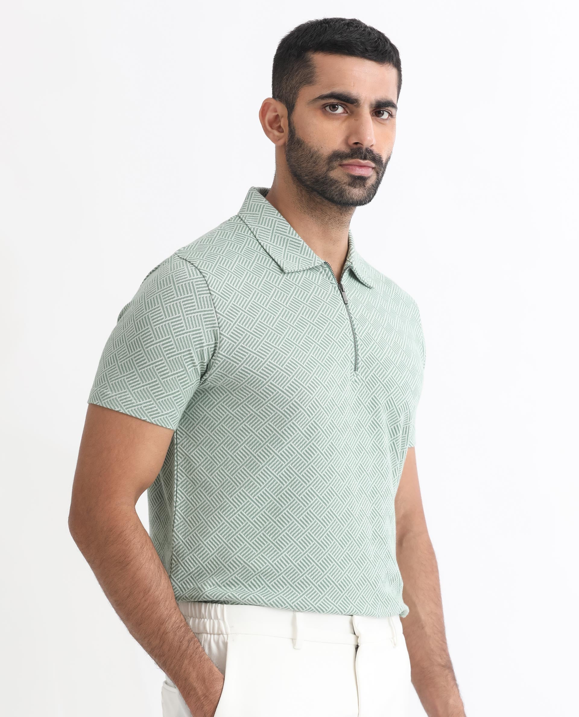 Rare Rabbit Men's Cabet Green Cotton Fabric Collared Neck Zipper Closure Half Sleeves Jacquard Polo T-Shirt