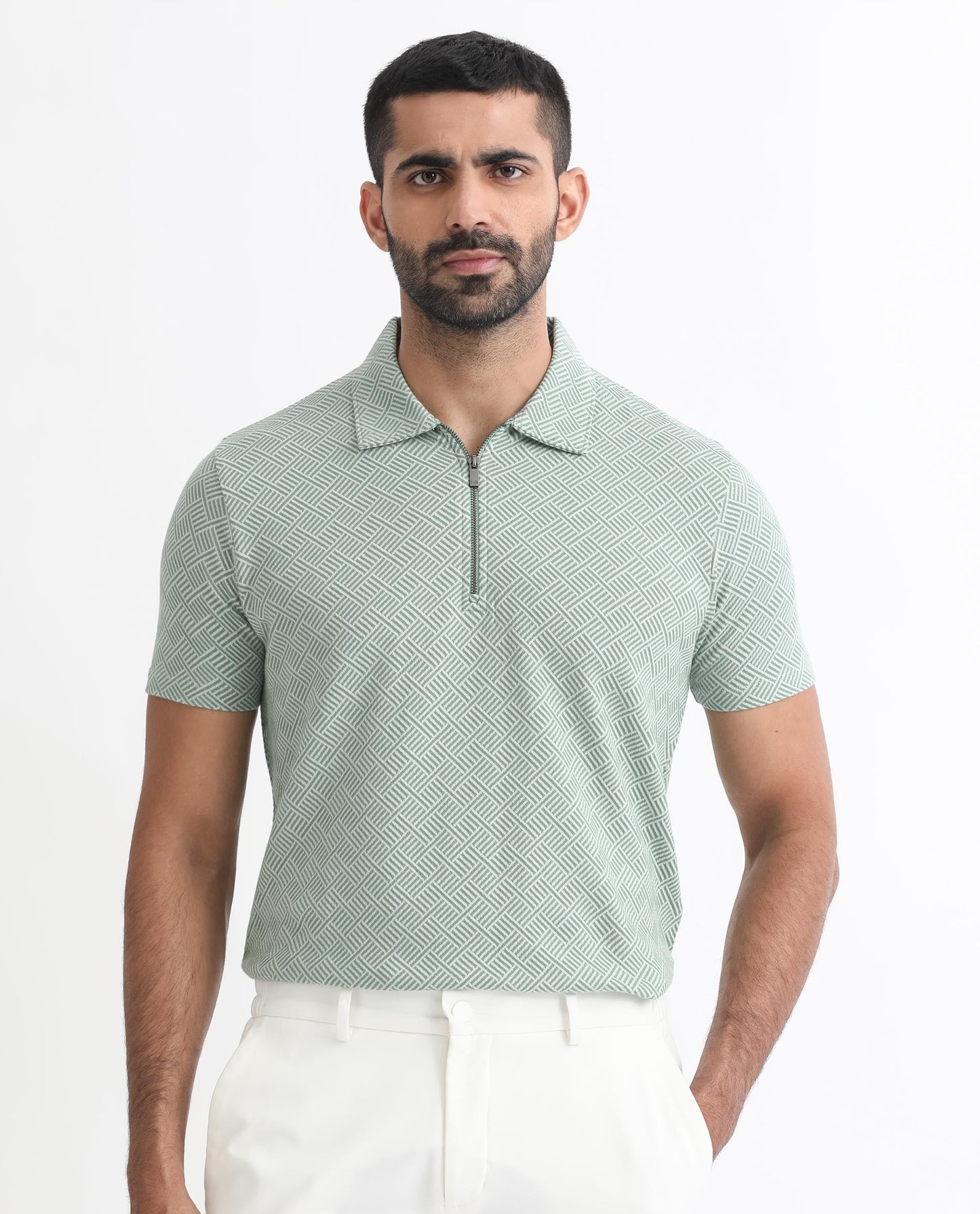 Rare Rabbit Men's Cabet Green Cotton Fabric Collared Neck Zipper Closure Half Sleeves Jacquard Polo T-Shirt