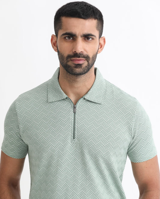 Rare Rabbit Men's Cabet Green Cotton Fabric Collared Neck Zipper Closure Half Sleeves Jacquard Polo T-Shirt