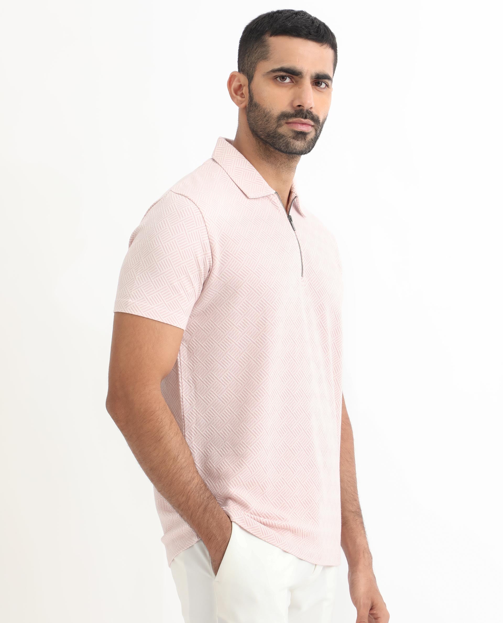 Rare Rabbit Men's Cabet Pastel Pink Cotton Fabric Collared Neck Zipper Closure Half Sleeves Jacquard Polo T-Shirt