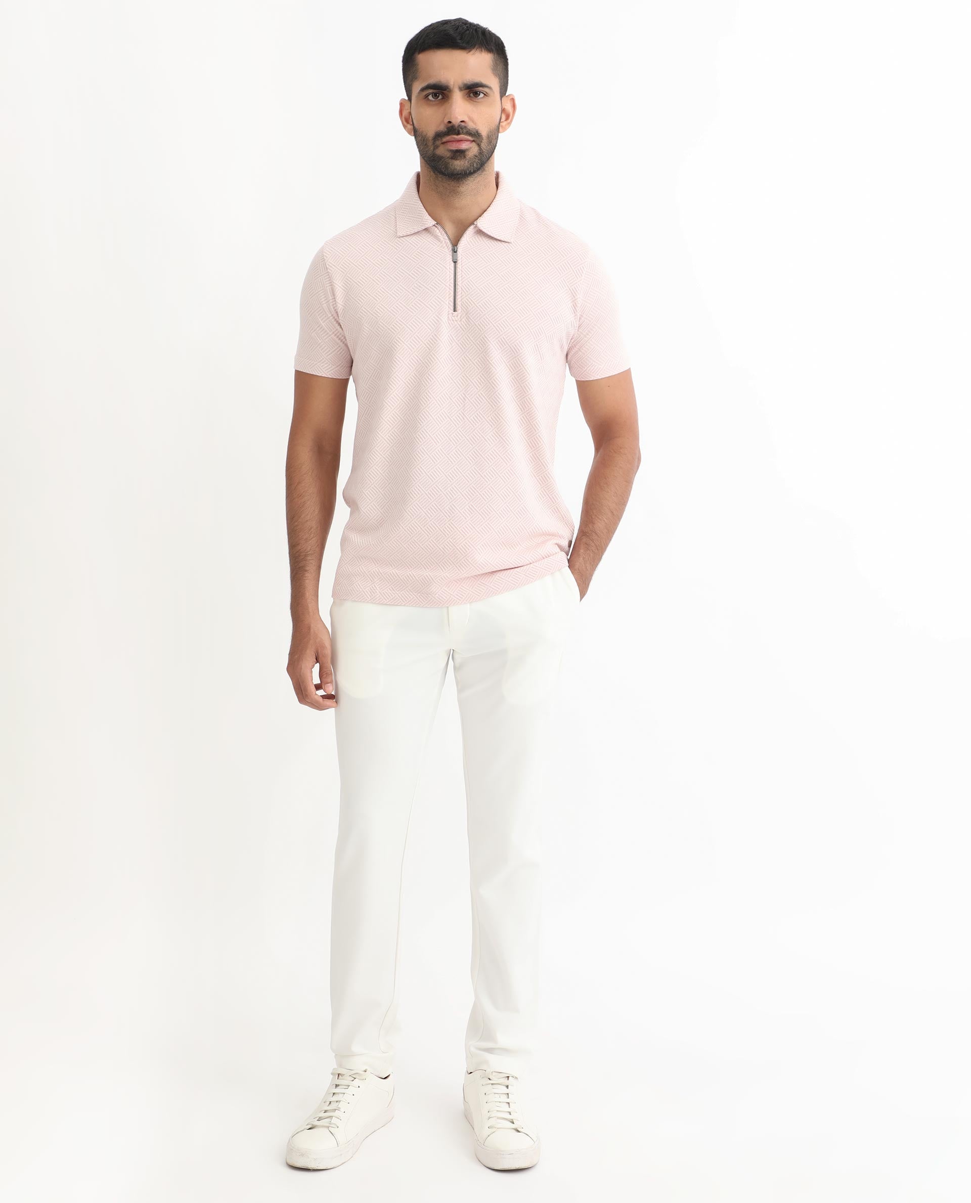 Rare Rabbit Men's Cabet Pastel Pink Cotton Fabric Collared Neck Zipper Closure Half Sleeves Jacquard Polo T-Shirt