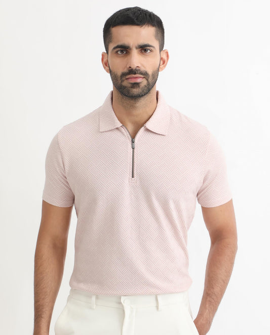 Rare Rabbit Men's Cabet Pastel Pink Cotton Fabric Collared Neck Zipper Closure Half Sleeves Jacquard Polo T-Shirt