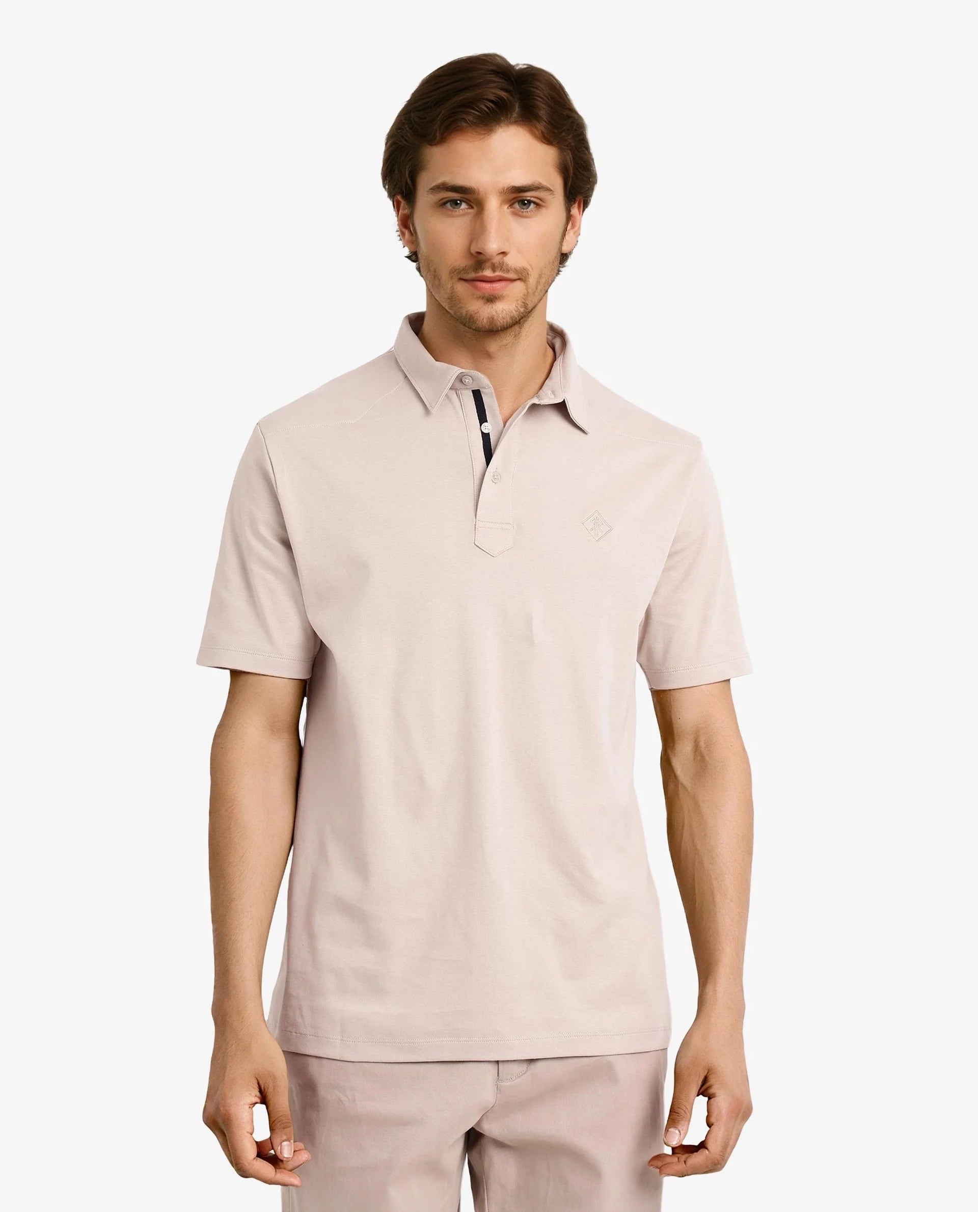 Rare Rabbit Men Calix Beige Short Sleeve Collared Neck Plain Embroidered Logo Polo