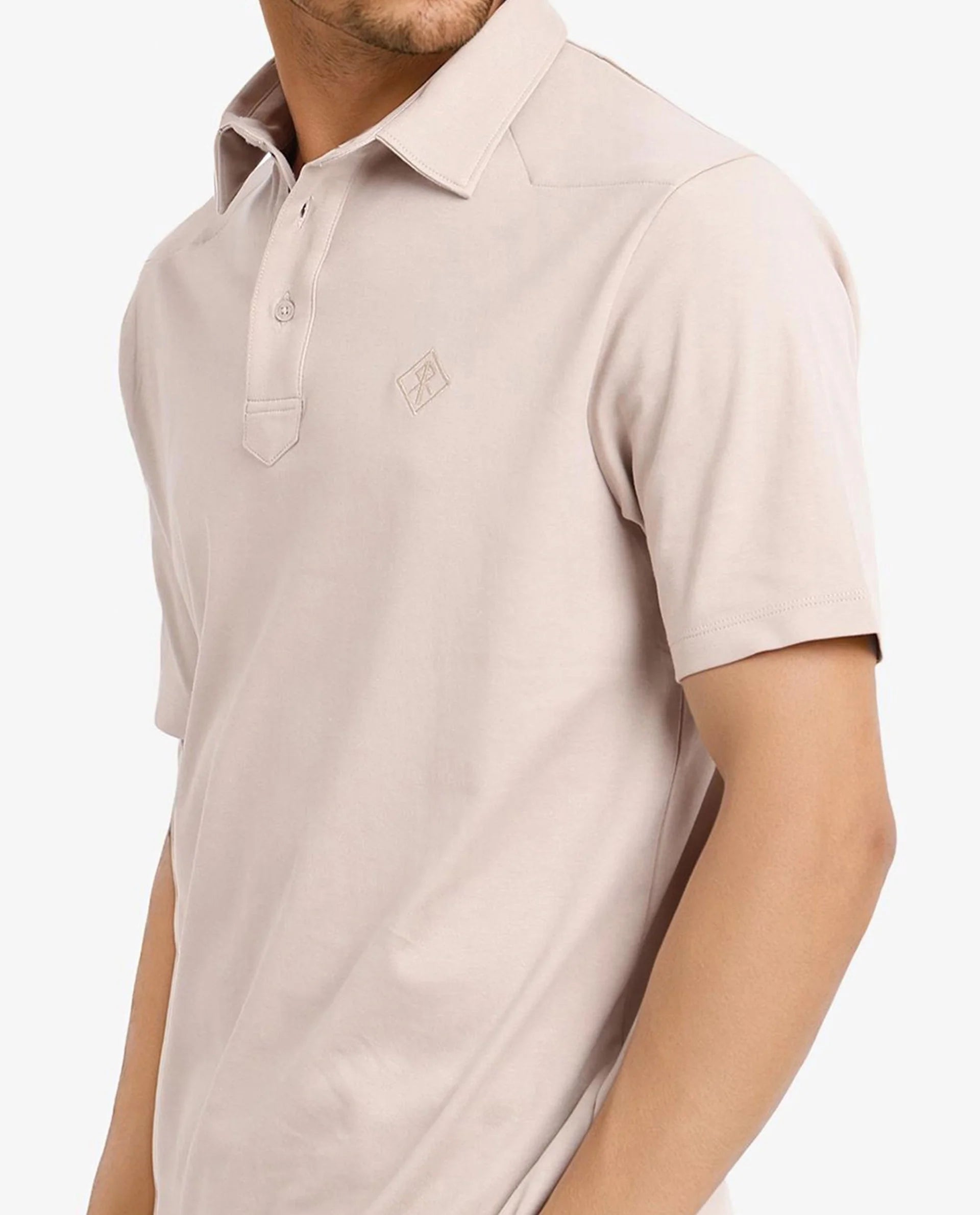 Rare Rabbit Men Calix Beige Short Sleeve Collared Neck Plain Embroidered Logo Polo