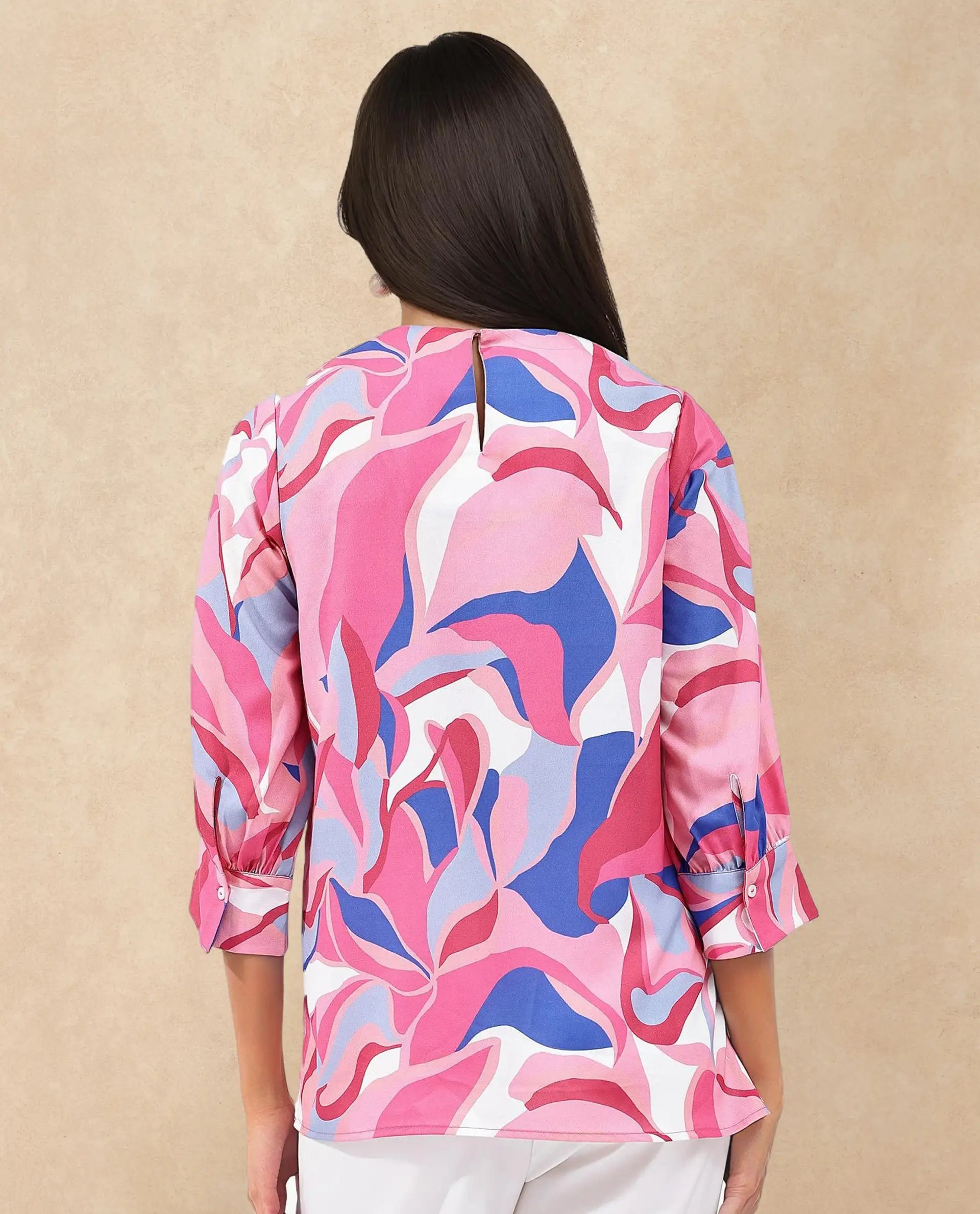 Rareism Women Callisto Multi Polyester Fabric Three Quarter Sleeve Collar Abstract Print Regular Fit Top