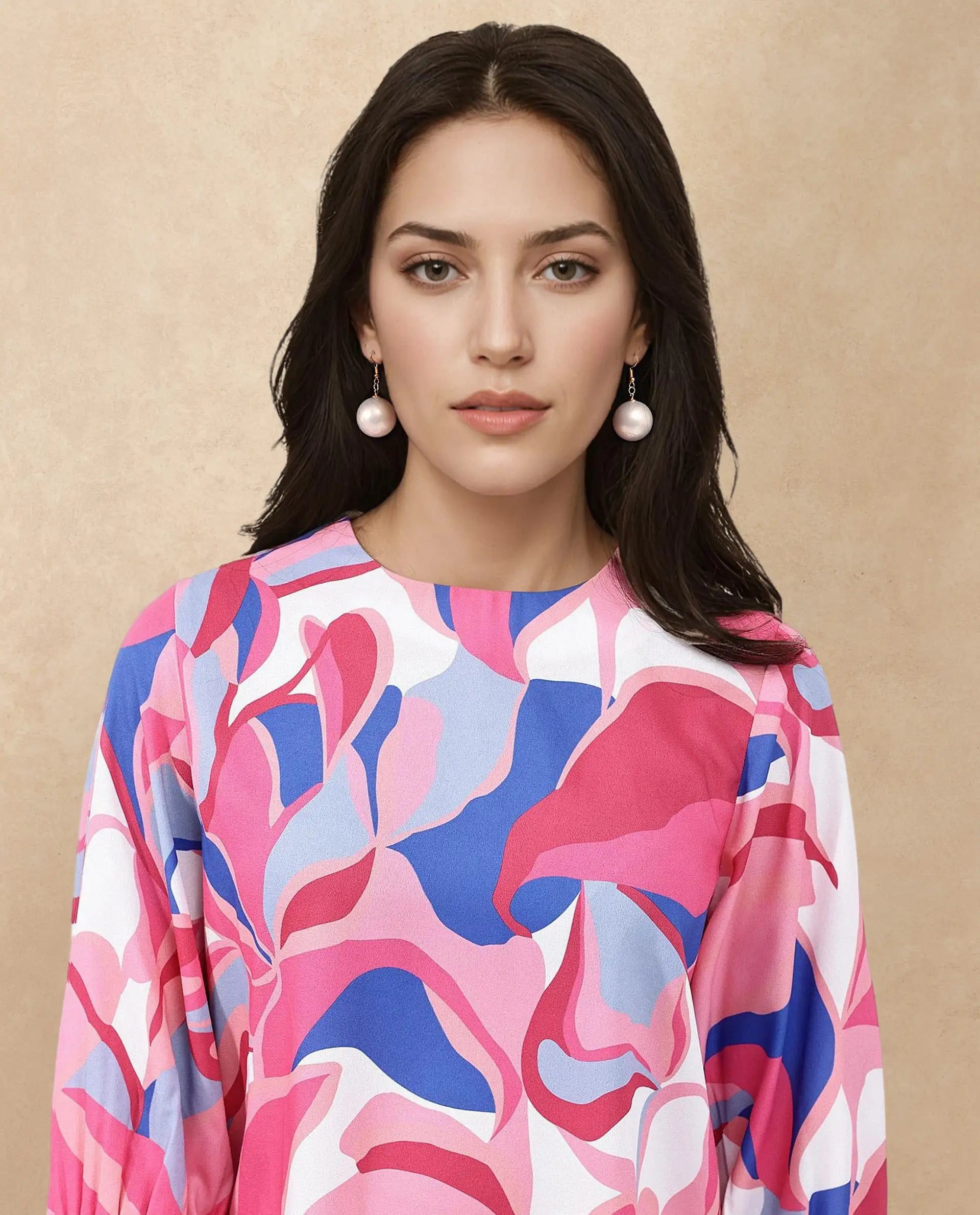 Rareism Women Callisto Multi Polyester Fabric Three Quarter Sleeve Collar Abstract Print Regular Fit Top