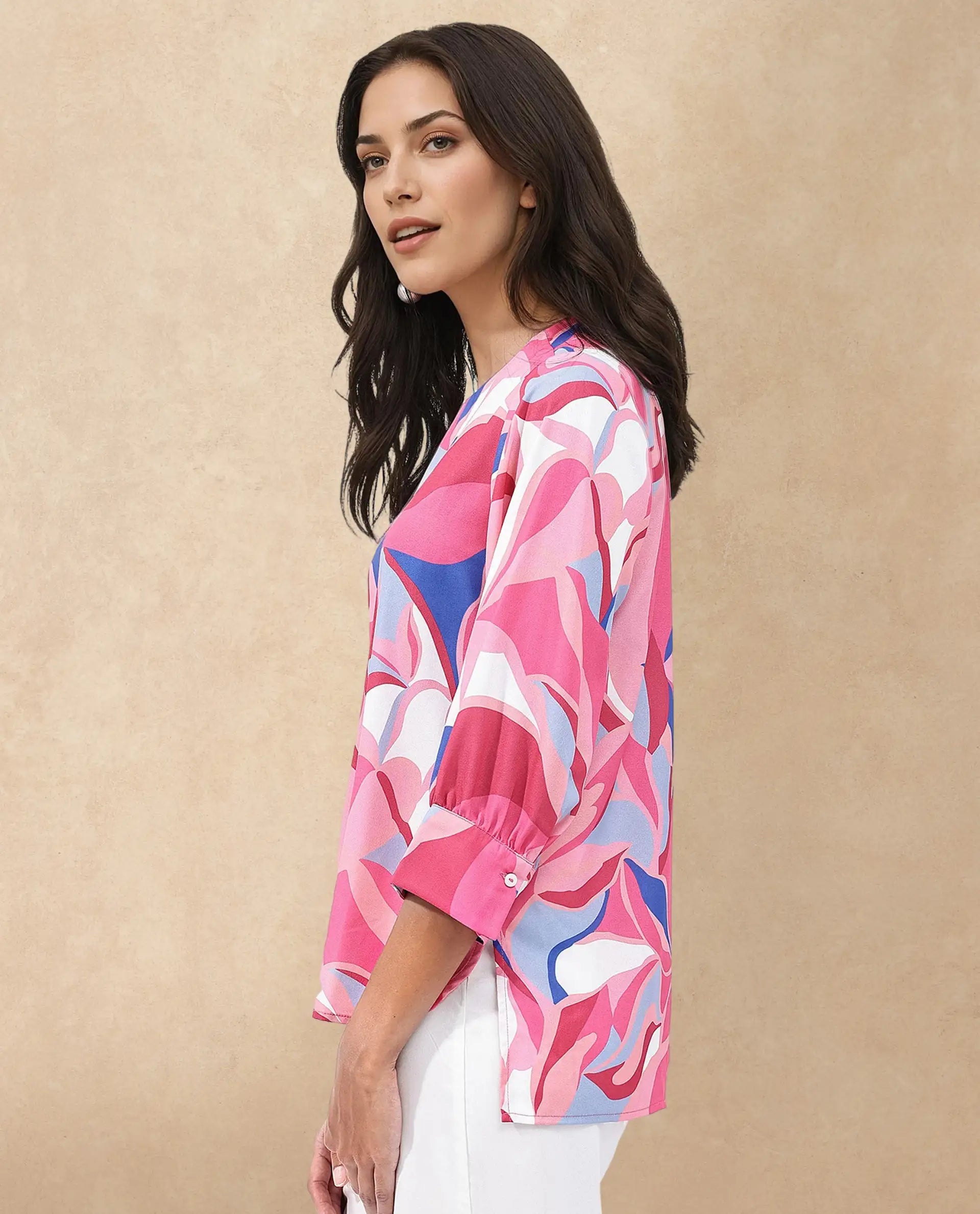 Rareism Women Callisto Multi Polyester Fabric Three Quarter Sleeve Collar Abstract Print Regular Fit Top