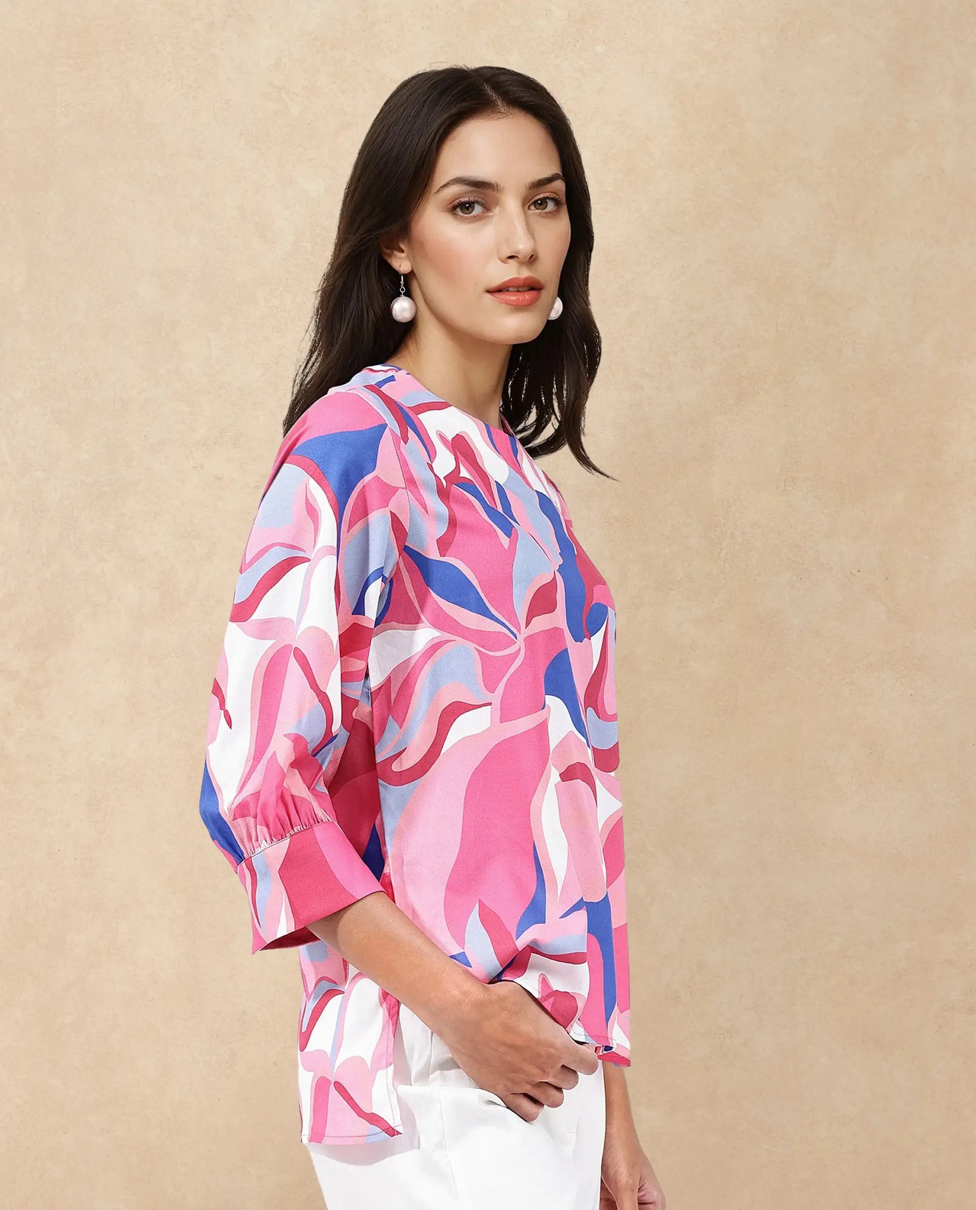 Rareism Women Callisto Multi Polyester Fabric Three Quarter Sleeve Collar Abstract Print Regular Fit Top