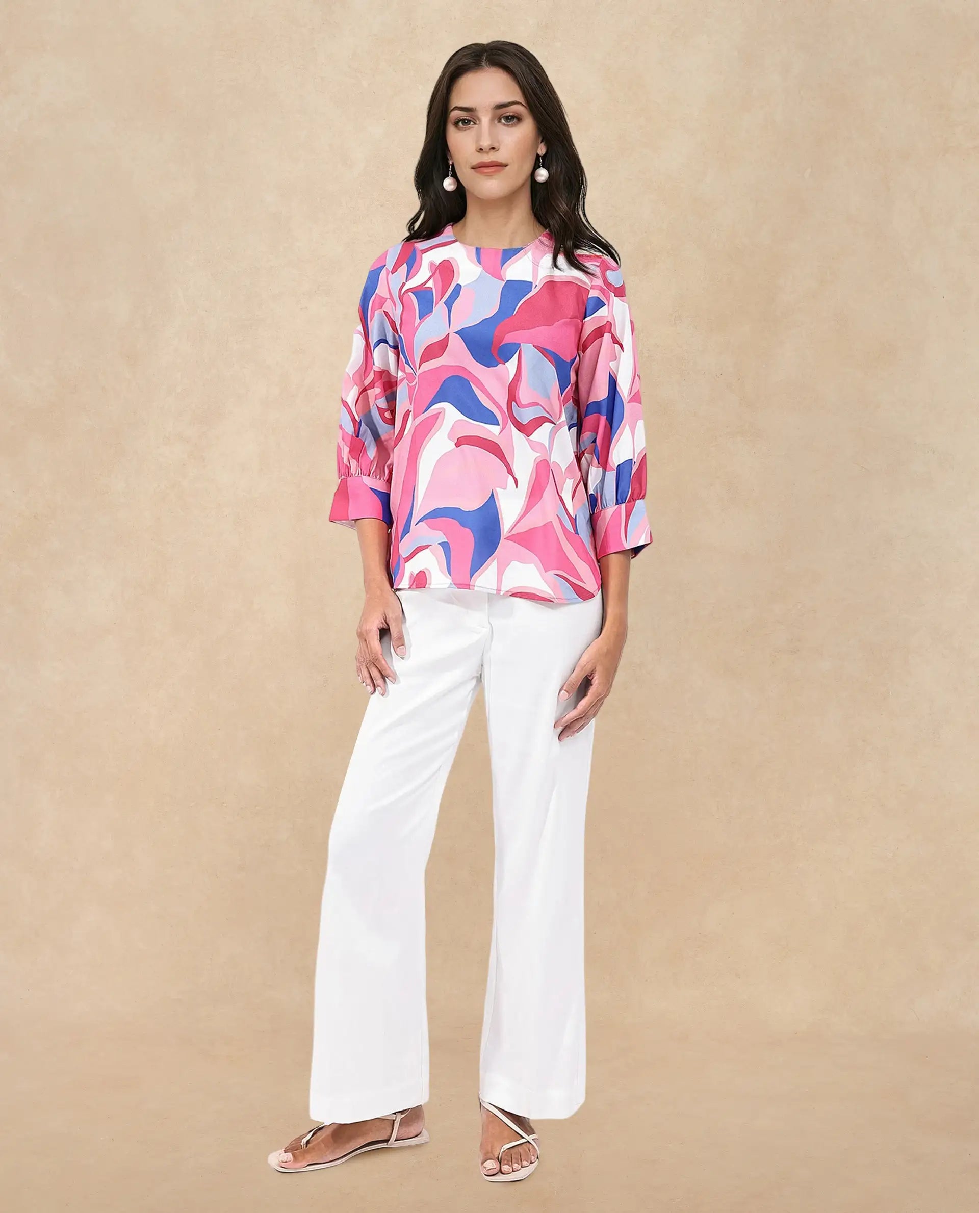 Rareism Women Callisto Multi Polyester Fabric Three Quarter Sleeve Collar Abstract Print Regular Fit Top