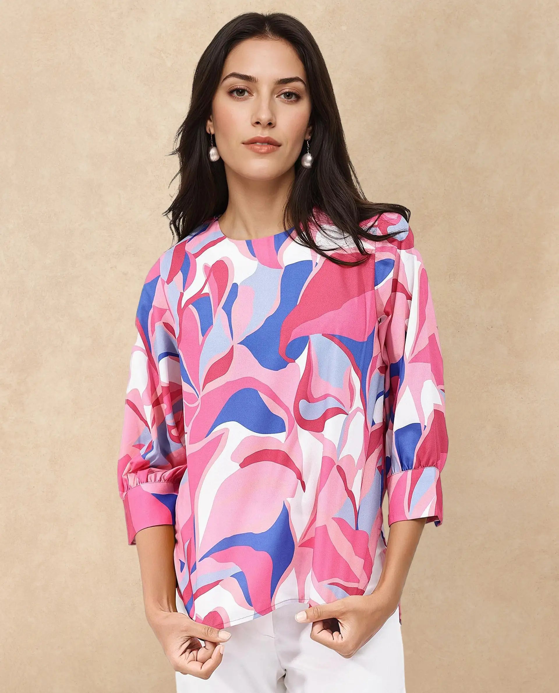 Rareism Women Callisto Multi Polyester Fabric Three Quarter Sleeve Collar Abstract Print Regular Fit Top